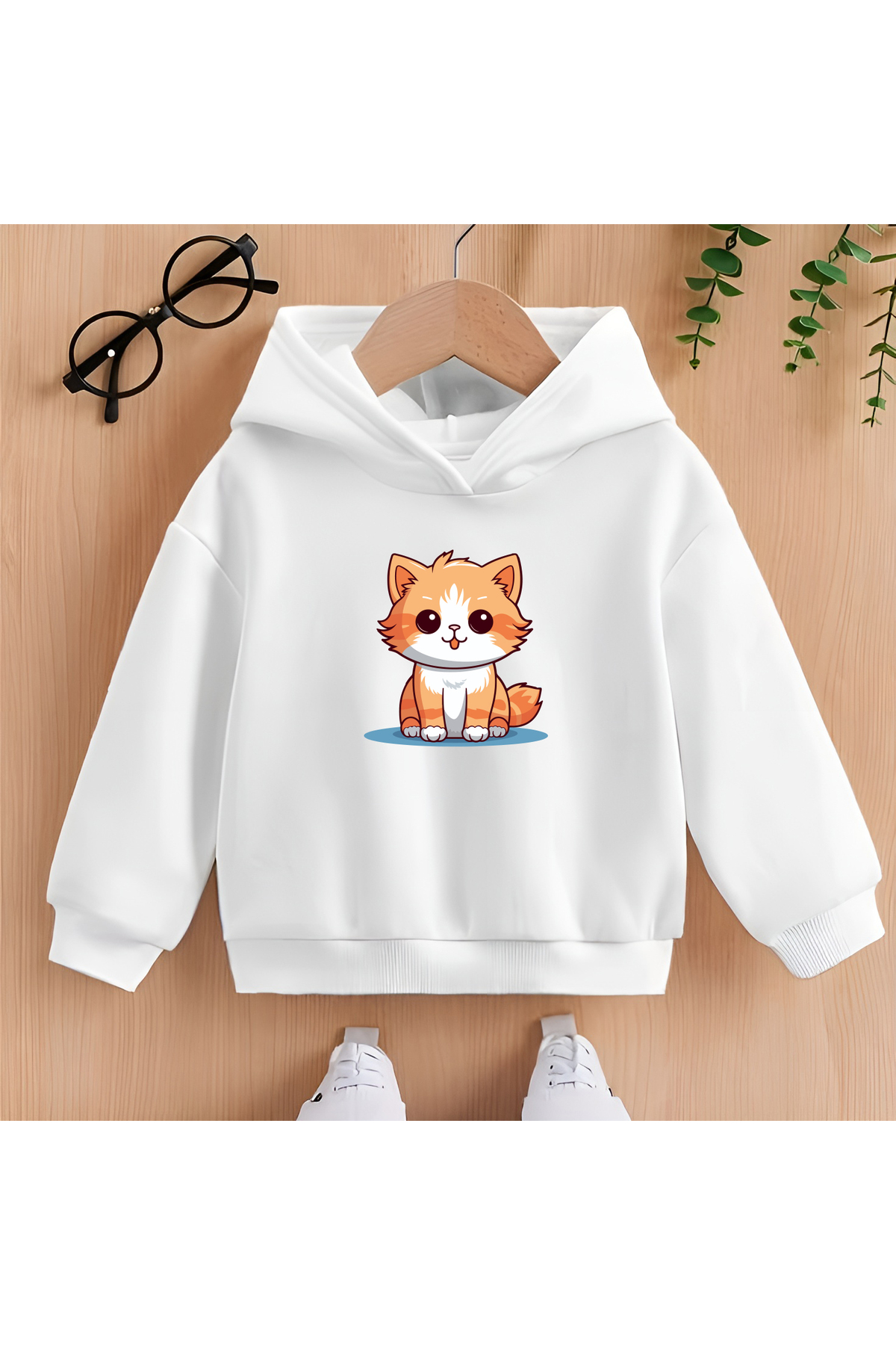 CDA Sevimli Sarı Kedi Unisex Kız Erkek Bebek Beyaz Sweatshirt fotoğrafı 2 (önizleme)