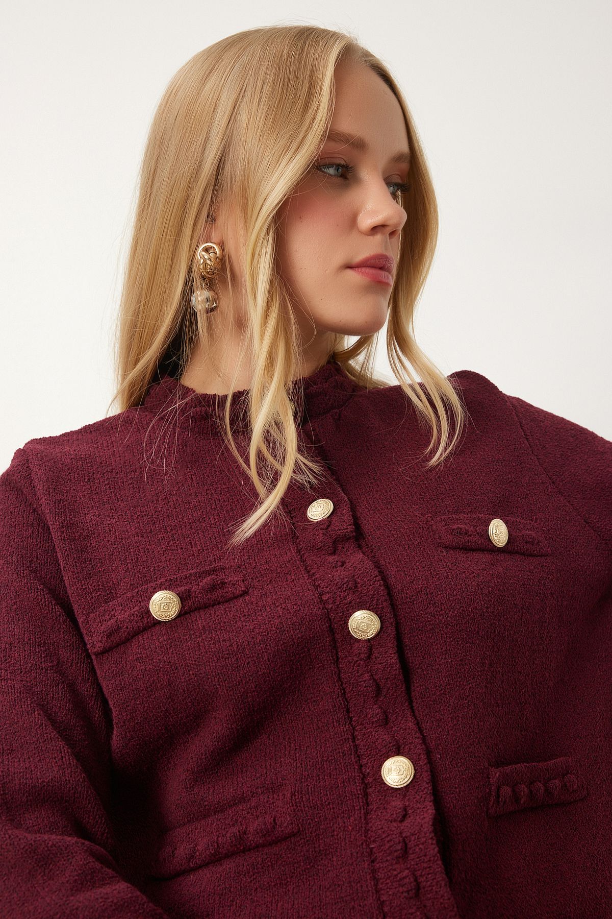 Lovelyİstanbul-Stylish Buttoned Textured Knitwear Cardigan Claret Red Ldp0009 3