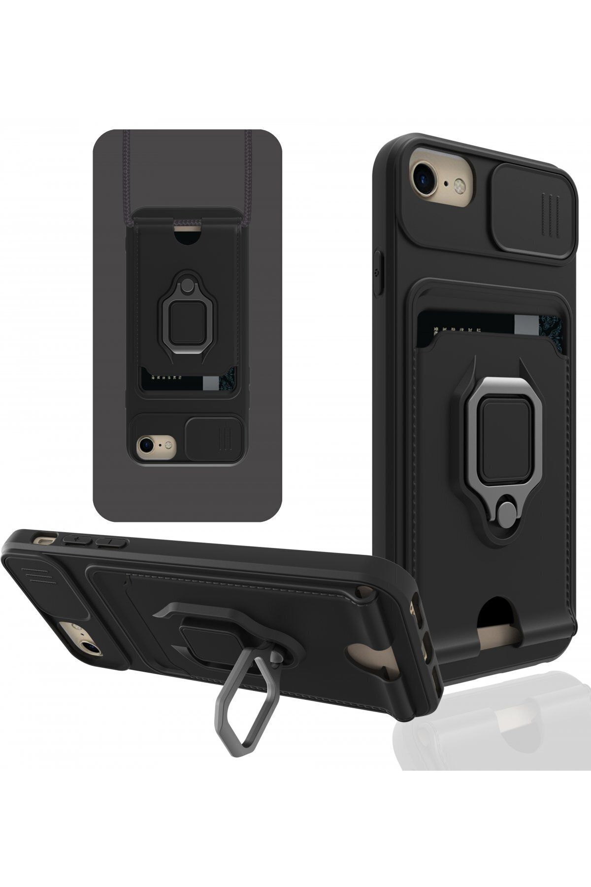 cepmoda iPhone SE 2020 Askı İpli Telefon Kılıfı – Kartlık, Stand, Kamera Koruma – SİYAH
