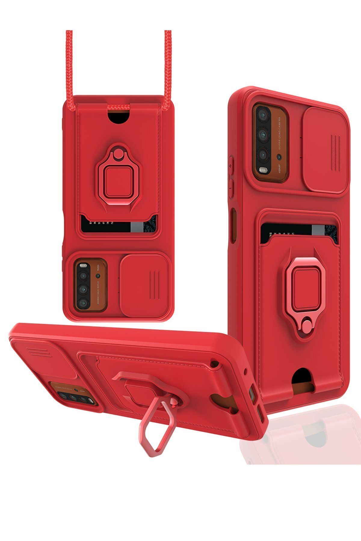 cepmoda Xiaomi POCO M3 - iP Askılı Kamera Sürgülü Neck Rope Çok Amaç Kılıf/Kapak - KIRMIZI