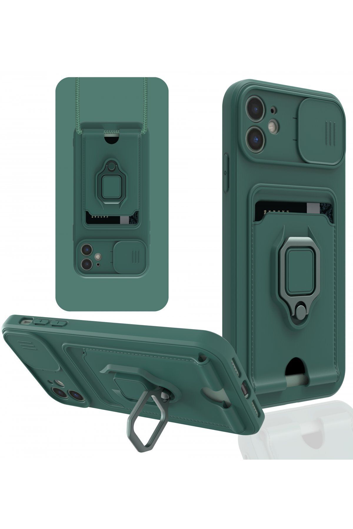 cepmoda iPhone 12 Askı İpli Telefon Kılıfı – Kartlık, Stand, Kamera Koruma – YEŞİL