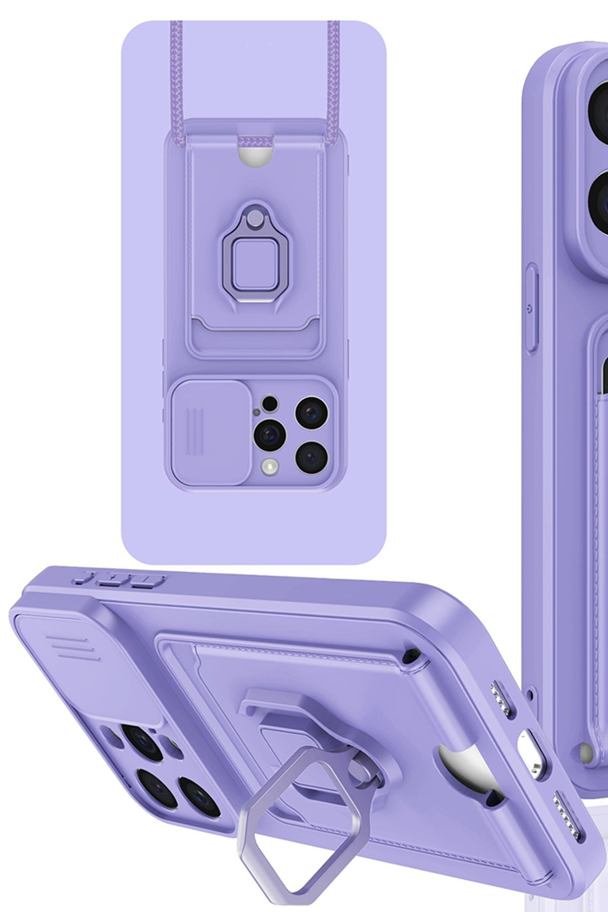 cepmoda iPhone 15 PRO MAX Askı İpli Telefon Kılıfı – Kartlık, Stand, Kamera Koruma – LİLA