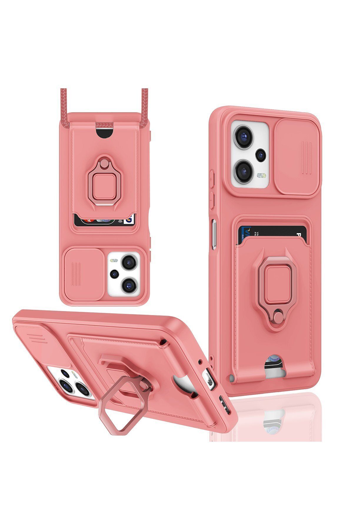 cepmoda Xiaomi POCO X5 (5G) Askı İpli Telefon Kılıfı – Kartlık, Stand, Kamera Koruma – PEMBE