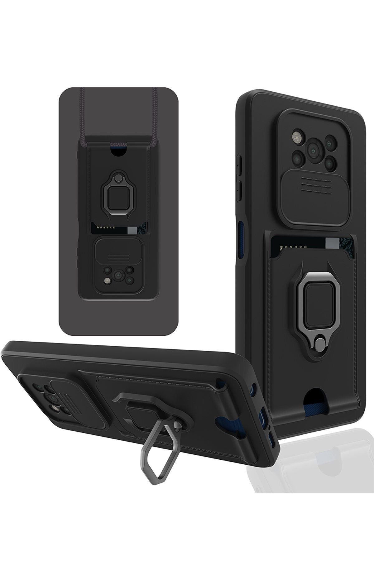 cepmoda Xiaomi POCO X3 NFC - iP Askılı Kamera Sürgülü Neck Rope Çok Amaç Kılıf/Kapak - SİYAH