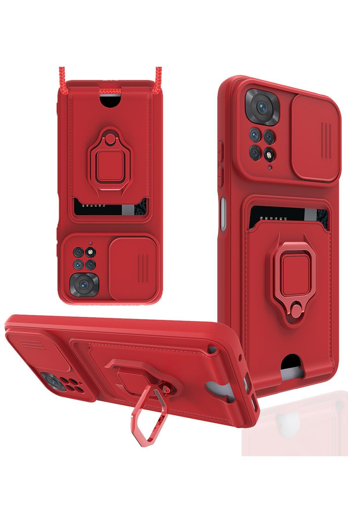 cepmoda Xiaomi REDMİ NOTE 11 Askı İpli Telefon Kılıfı – Kartlık, Stand, Kamera Koruma – KIRMIZI