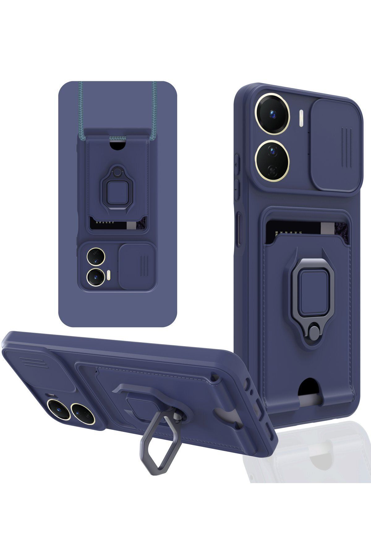 cepmoda Vivo Y16 Askı İpli Telefon Kılıfı – Kartlık, Stand, Kamera Koruma – LACİVERT