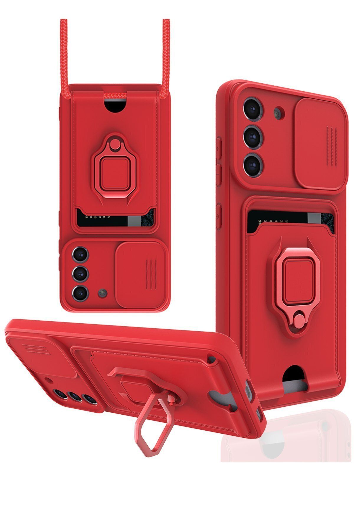 cepmoda Samsung Galaxy S21 FE Askı İpli Telefon Kılıfı – Kartlık, Stand, Kamera Koruma – KIRMIZI