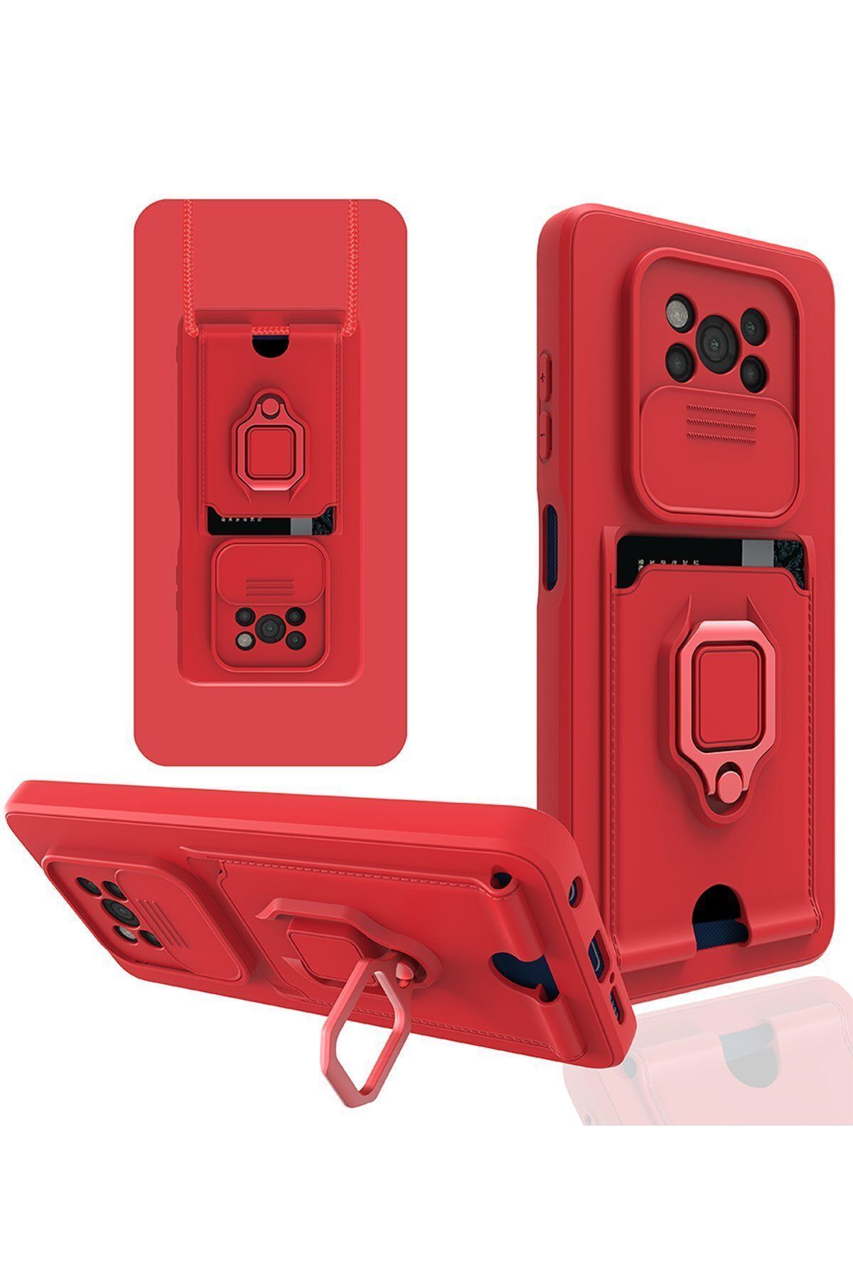 cepmoda Xiaomi POCO X3 PRO Askı İpli Telefon Kılıfı – Kartlık, Stand, Kamera Koruma – KIRMIZI