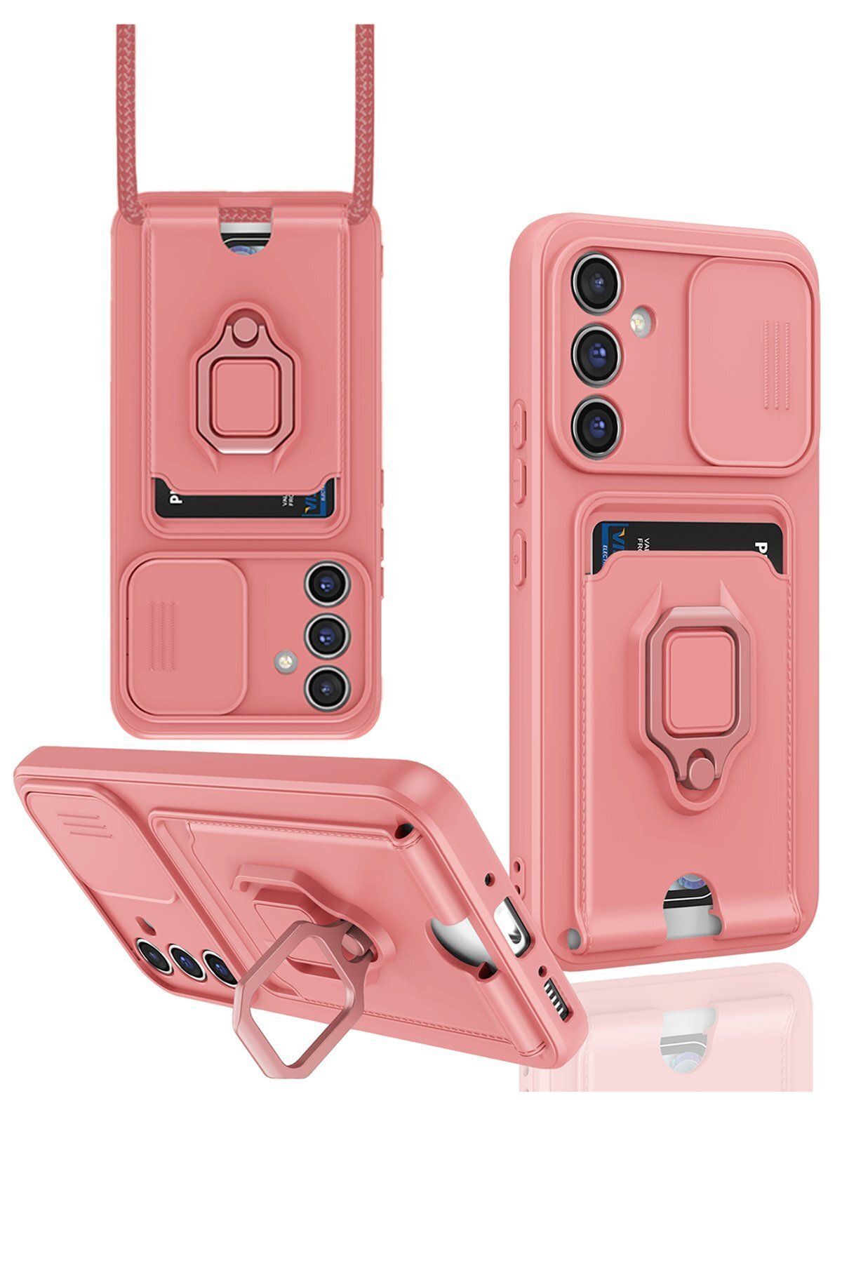cepmoda Samsung Galaxy A14 (4G) - iP Askılı Kamera Sürgülü Neck Rope Çok Amaç Kılıf/Kapak - PEMBE