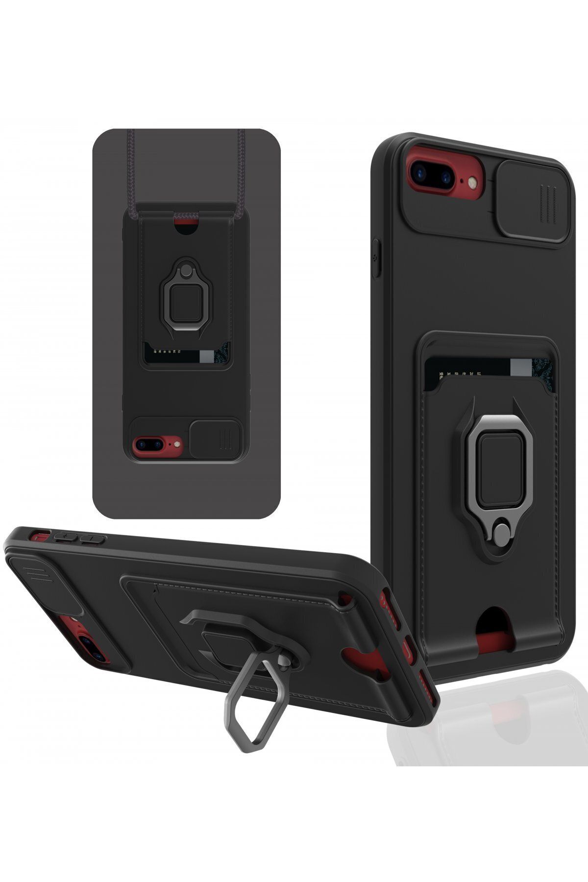 cepmoda iPhone 6 PLUS - iP Askılı Kamera Sürgülü Neck Rope Çok Amaç Kılıf/Kapak - SİYAH