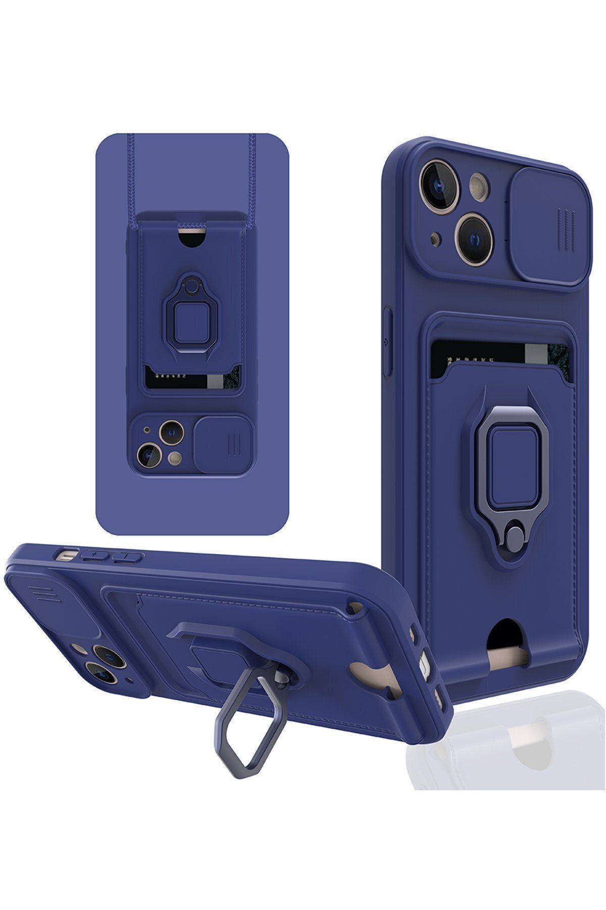 cepmoda iPhone 14 PLUS Askı İpli Telefon Kılıfı – Kartlık, Stand, Kamera Koruma – LACİVERT