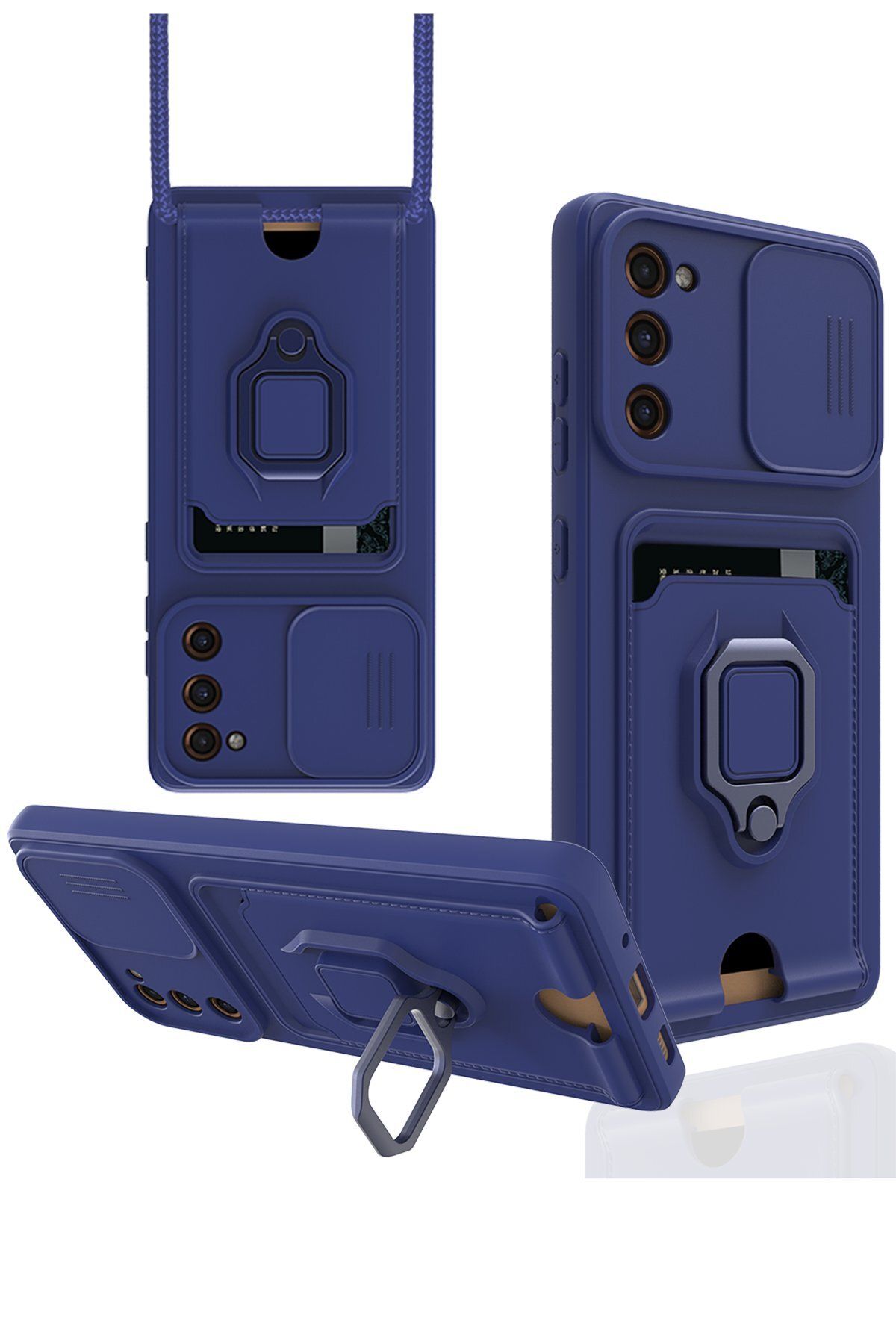 cepmoda Samsung Galaxy S20 FE Askı İpli Telefon Kılıfı – Kartlık, Stand, Kamera Koruma – LACİVERT
