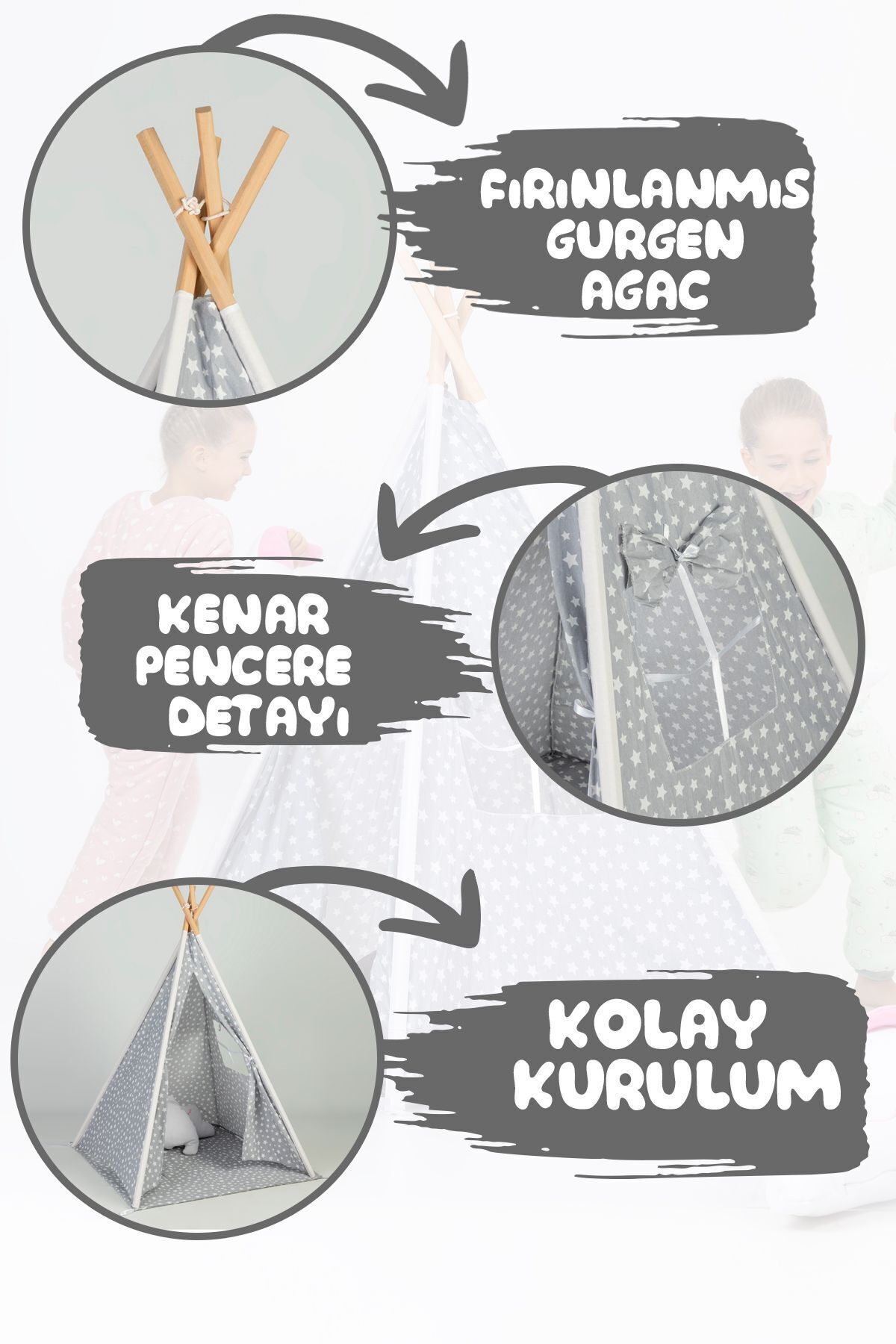 OMZ Çocuk Çadır Oyuncak Ev Eğlenceli Bahçe & Ev Oyun Alanı Geniş Ahşap Direkli Çocuk Oyun Çadırı Kız Erk