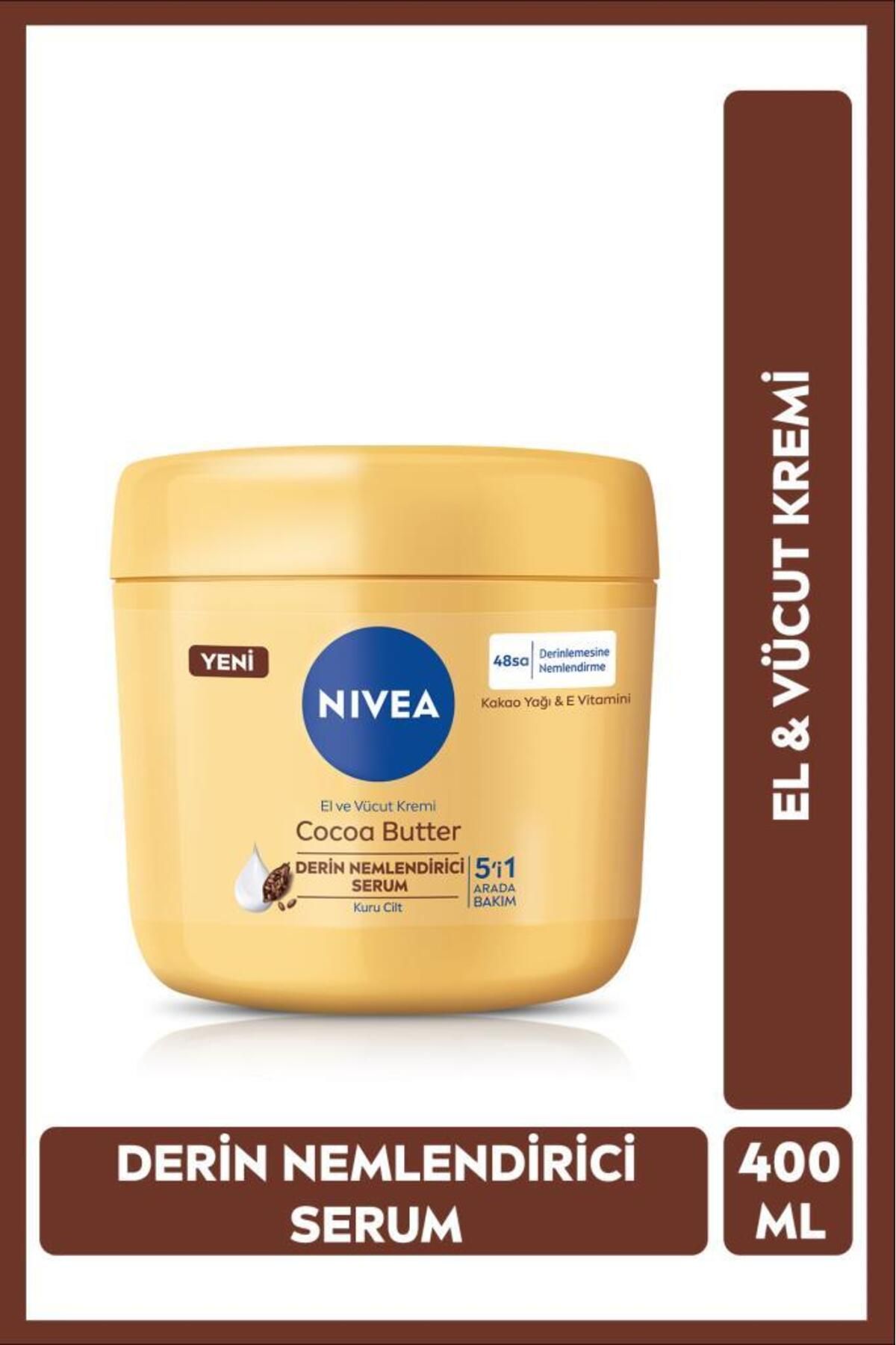 NIVEA Cocoa Butter El Ve Vücut Bakım Kremi 400ml, 48 Saat Nemlendirici Serum, E Vitamini, Kakao Yağı