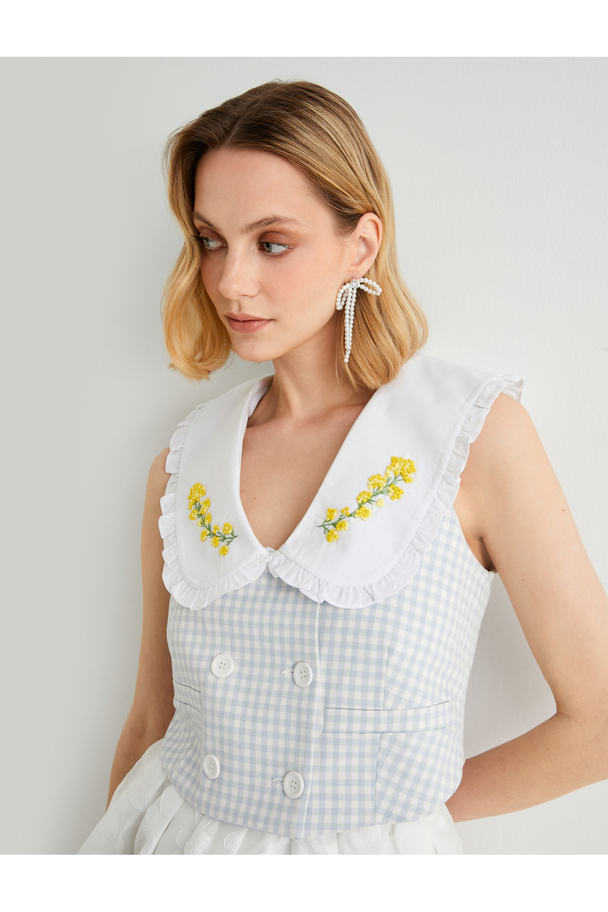 X Tuba Unsal-Buttoned Double Breasted Crop Vest 4SAK20115UW Blue Plaid