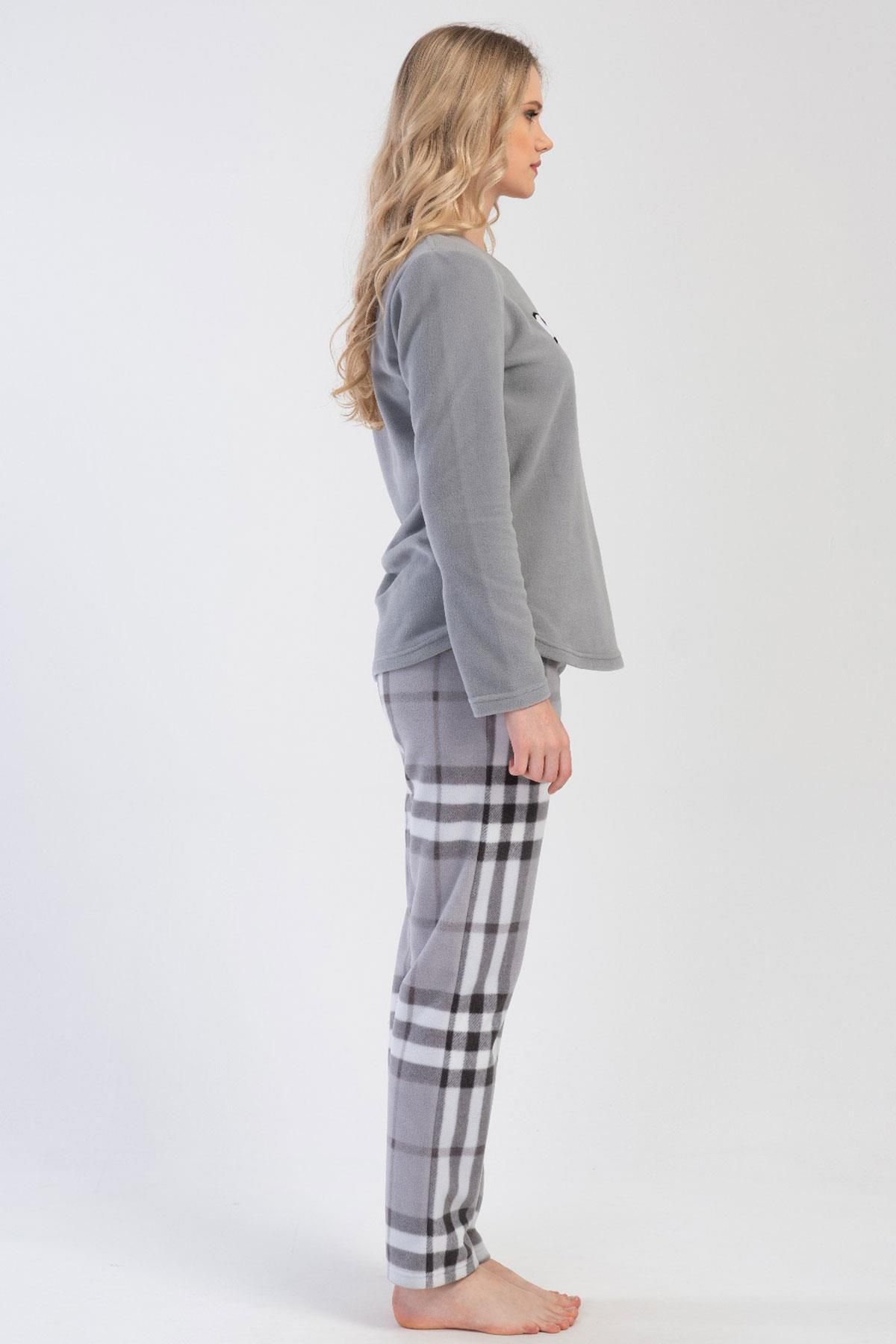 VİENETTA-Women's Fleece Long Sleeve Gray Pajamas Set C0T6N0O304 3