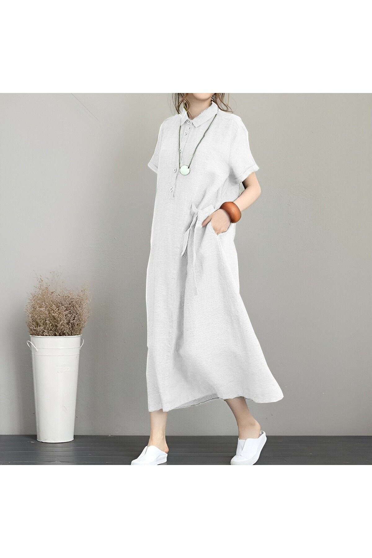 Toridas-Linen Casual Short Sleeve Full Length Summer Loose Women's Dress 1