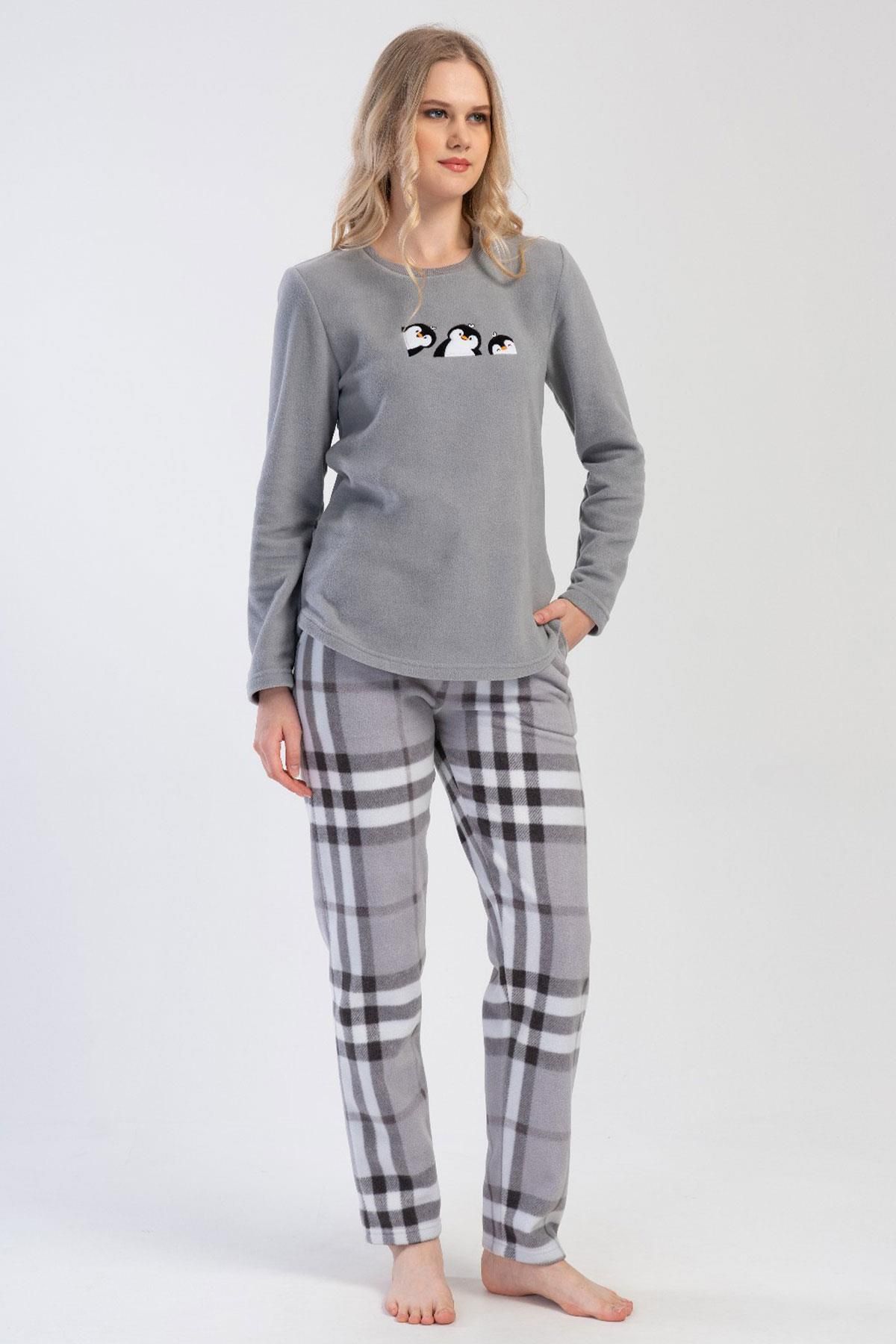 VİENETTA-Women's Fleece Long Sleeve Gray Pajamas Set C0T6N0O304 1