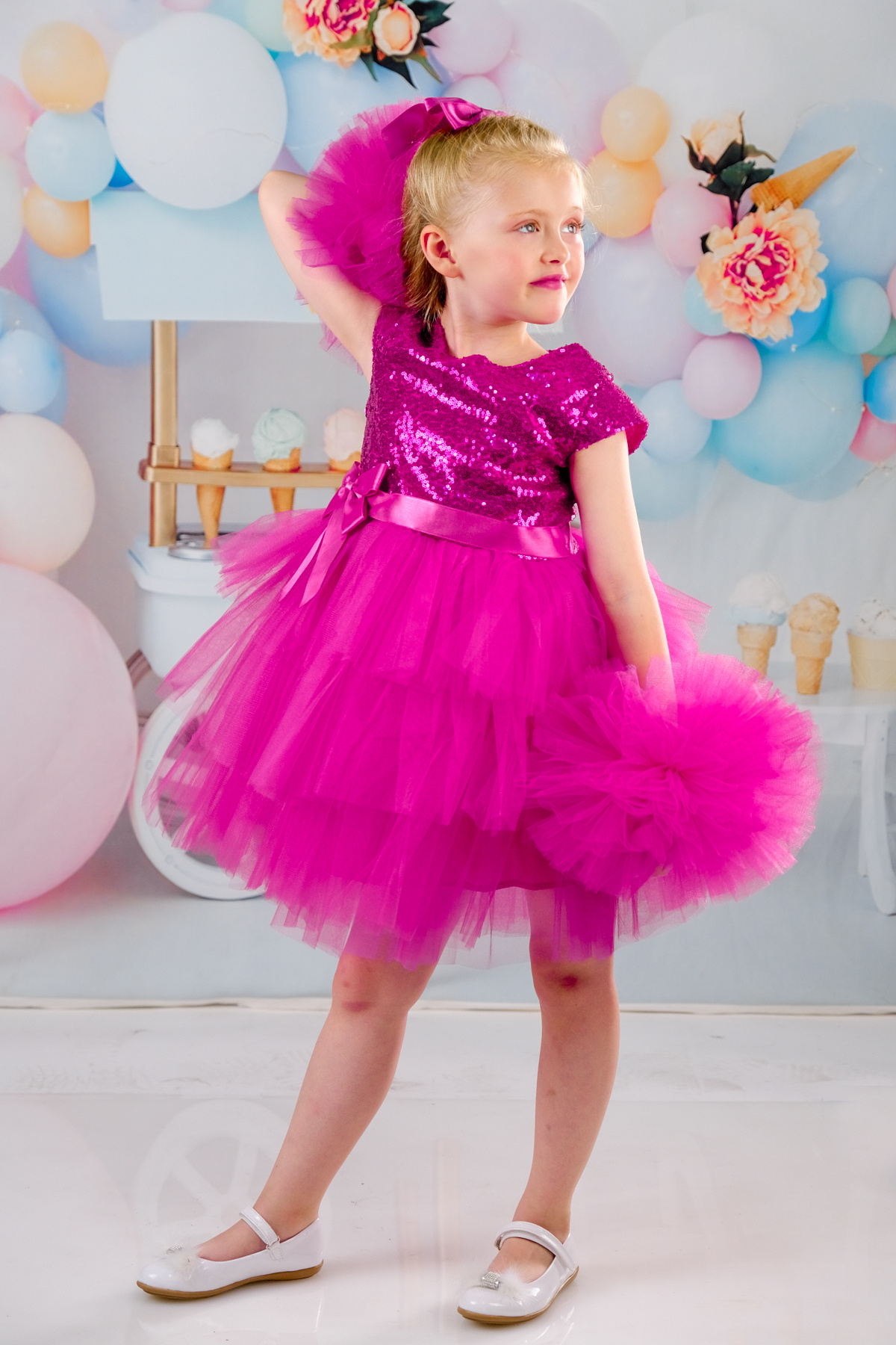 Mixie-Girl's Fusya Buckle Pompom Sleeves Evening Dress Party Birthday Dress 4