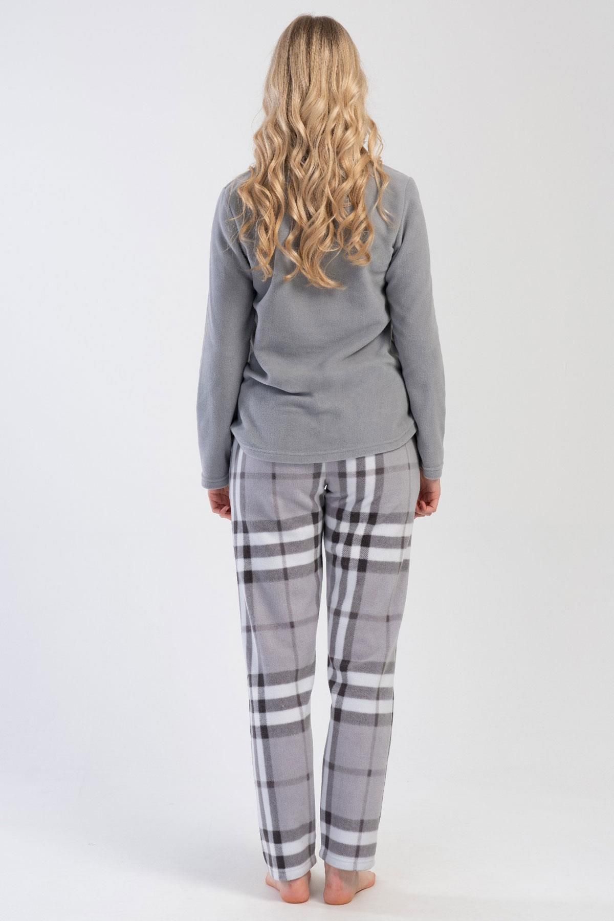 VİENETTA-Women's Fleece Long Sleeve Gray Pajamas Set C0T6N0O304 4