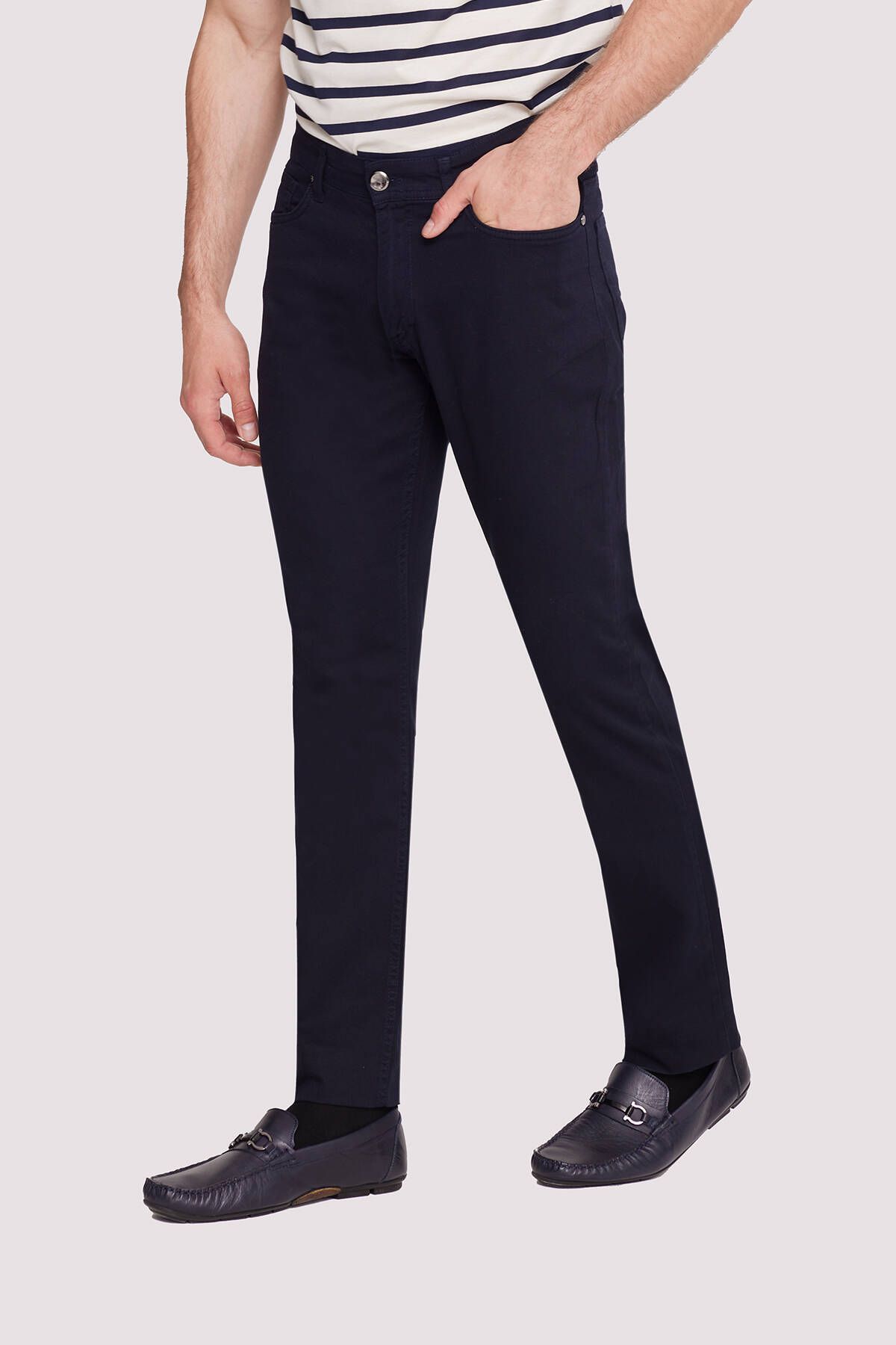 Ysf-Men's Navy Blue Slim Fit Top Pocket Canvas Trousers 3