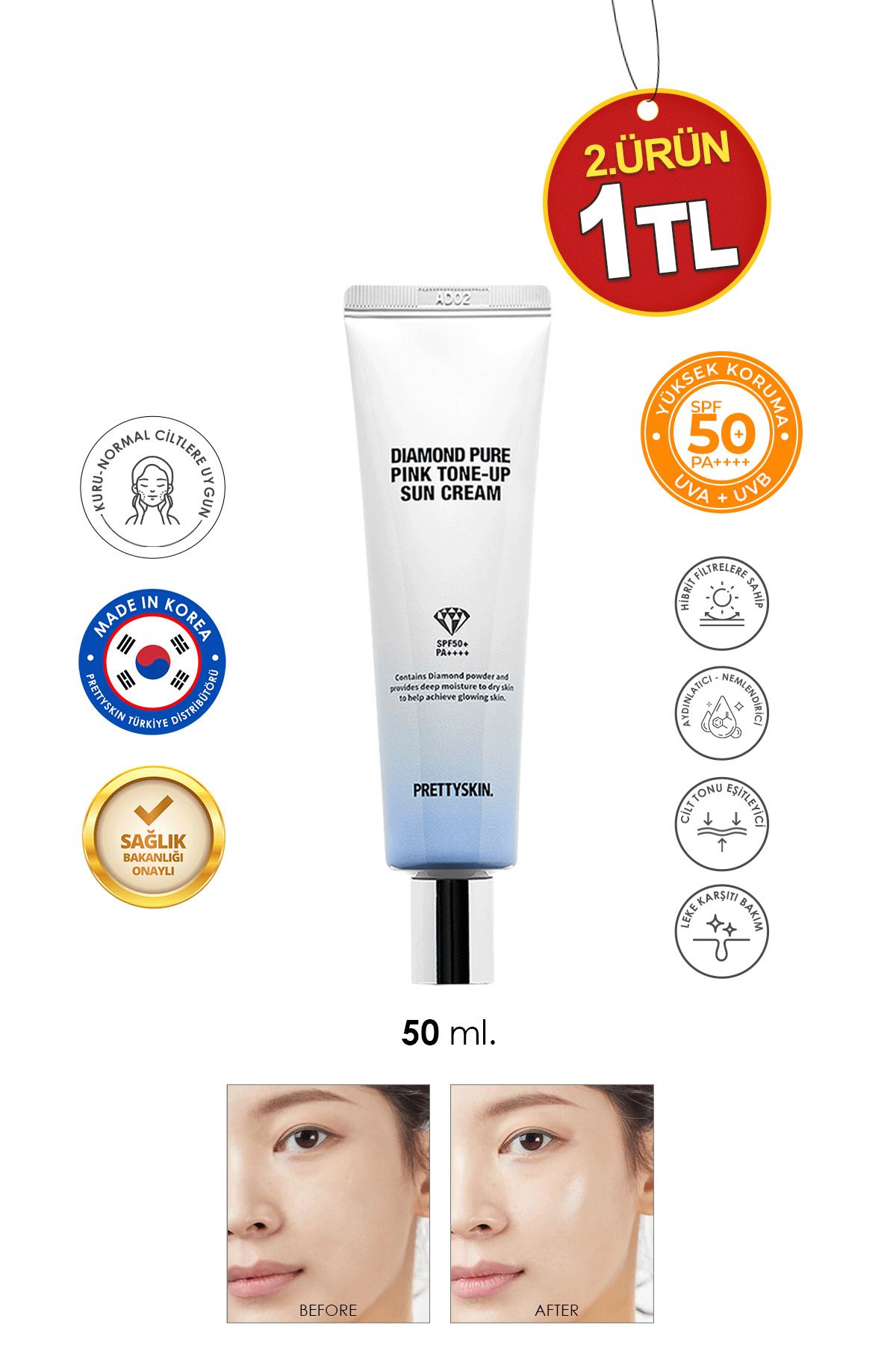 Pembe Işıltılı Renk Tonlayıcı Yüksek Koruma Spf 50 Pa Renkli Güneş Kremi 50ml