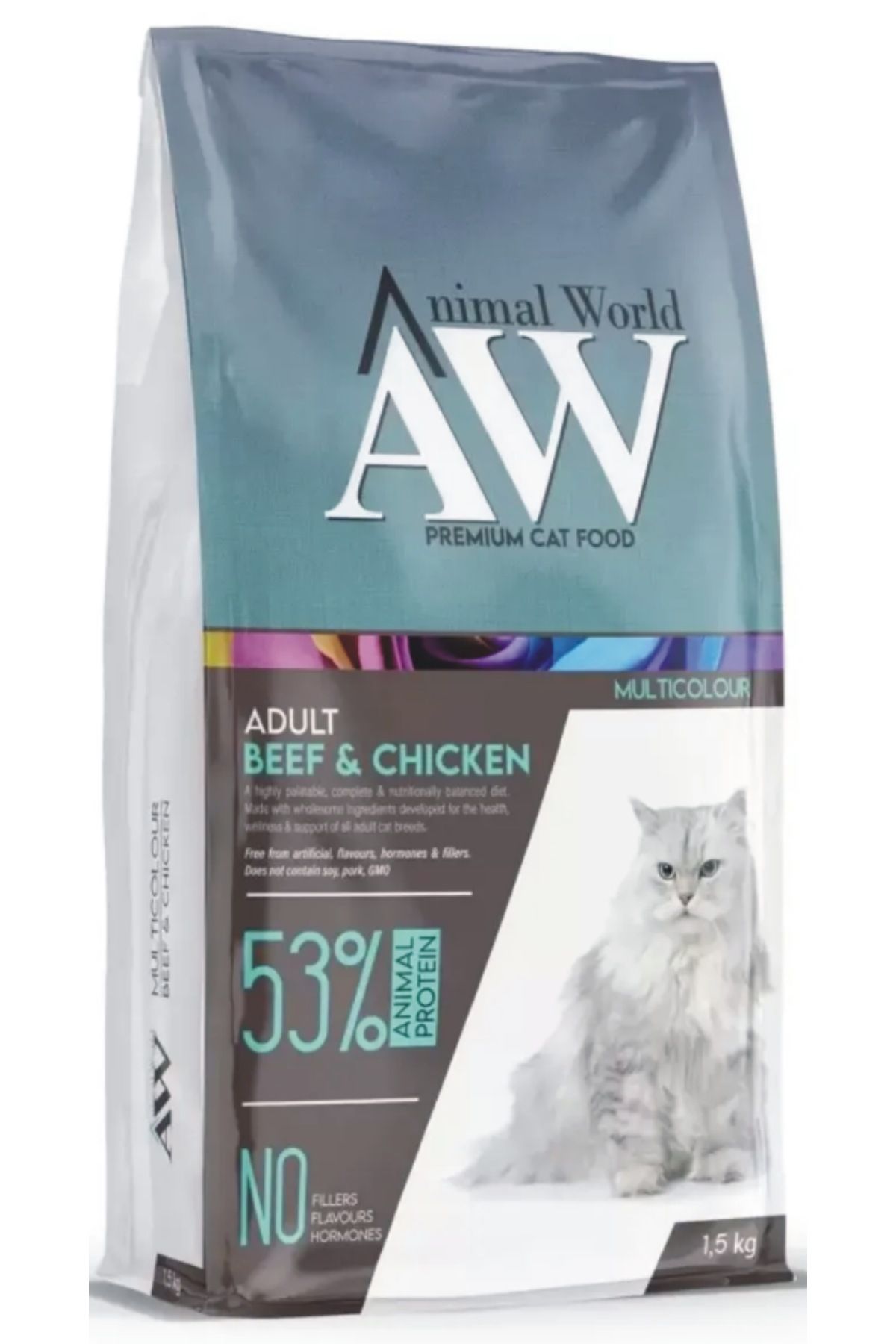 Animal World sığır etli ve tavuklu multicolor yetişkin kedi maması 15 kg.