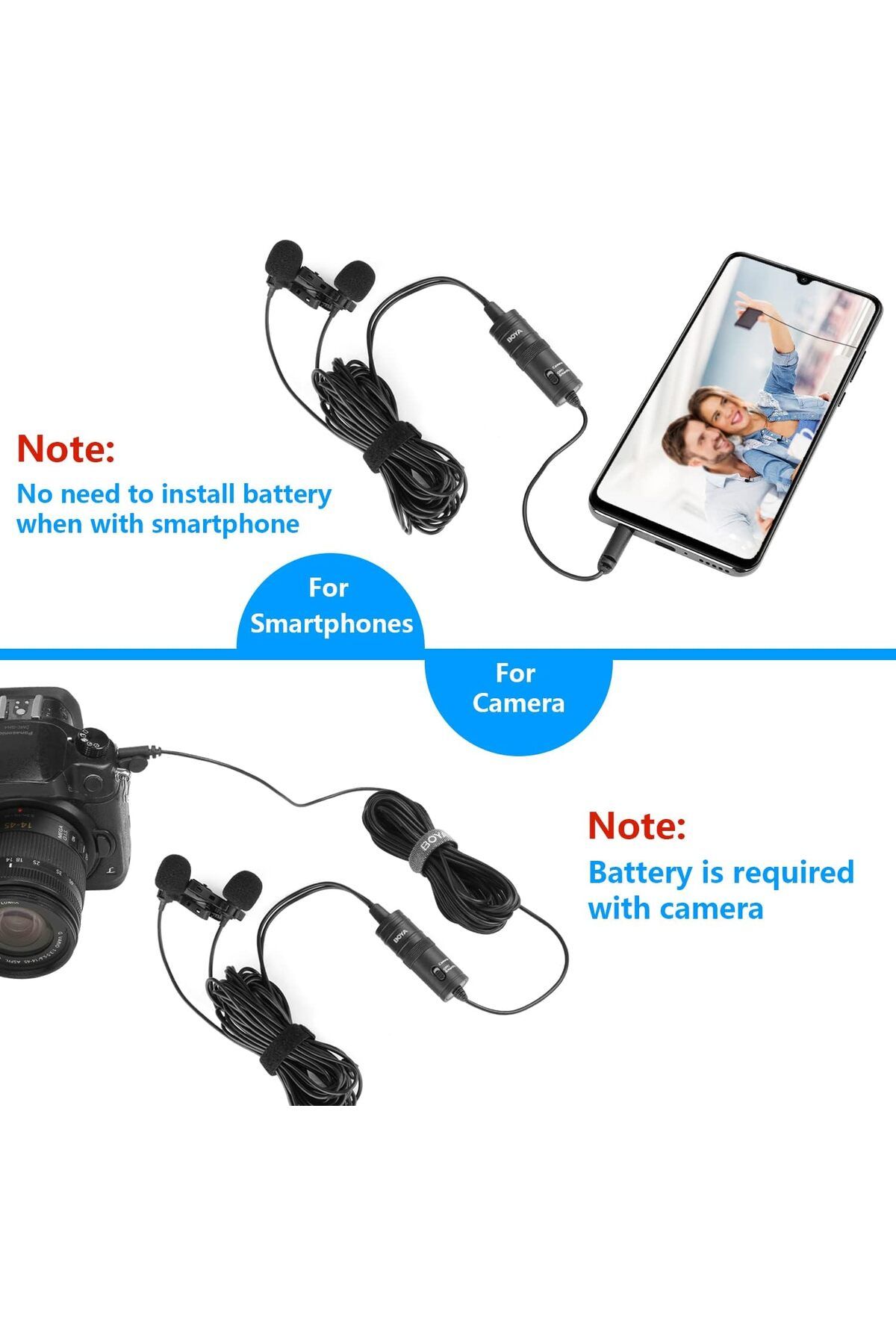 BOYA-BY-M1DM ميكروفون ذو طية صدر السترة مزدوج لهواتف iPhone/Android الذكية وكاميرا DSLR ومقابلة YouTube ومدونة فيديو 6
