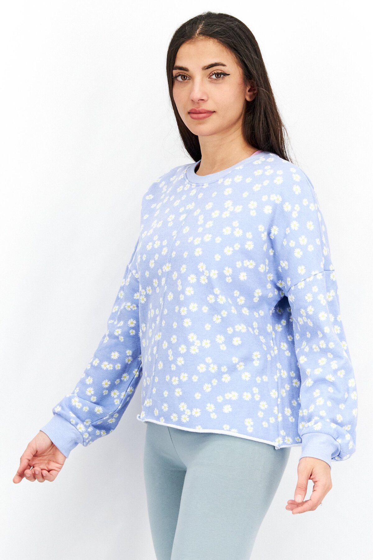 Aqua-Women Crew Neck Floral Comfy Sweatshirt, Daisy Chain 3