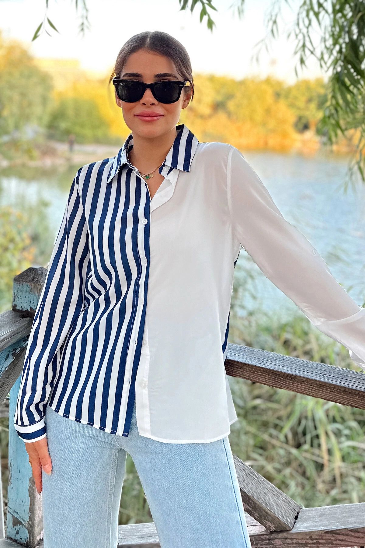 NEW LAVİVA-Women's Navy Blue Two-Color Striped, Long Sleeve, Regular Cut Shirt 1