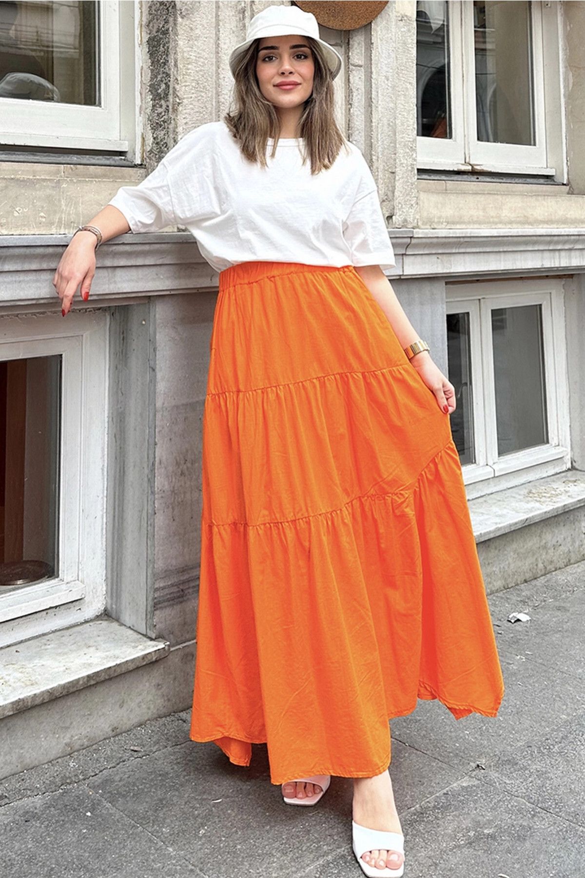 NEW LAVİVA-Orange Asymmetric Cut - Women's Long Cotton Skirt with Elastic Waist and Ruffles 3