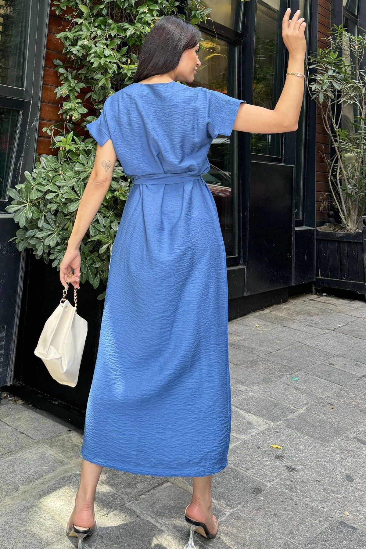 NEW LAVİVA-Indigo V-Neck, Short Sleeve, Airobin Fabric, Shoulder Detail, Belt/Sash, Front Slit Maxi Dress 6