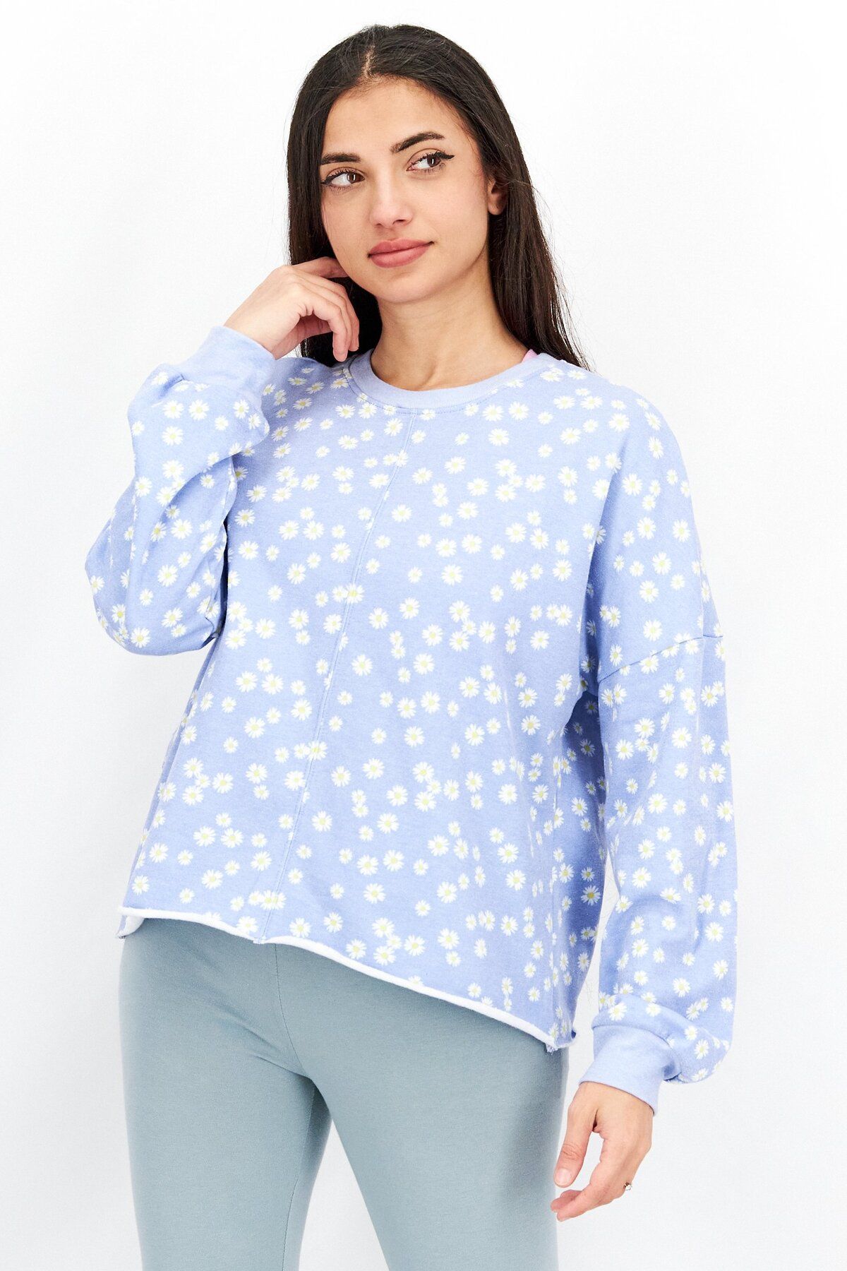 Aqua-Women Crew Neck Floral Comfy Sweatshirt, Daisy Chain 1