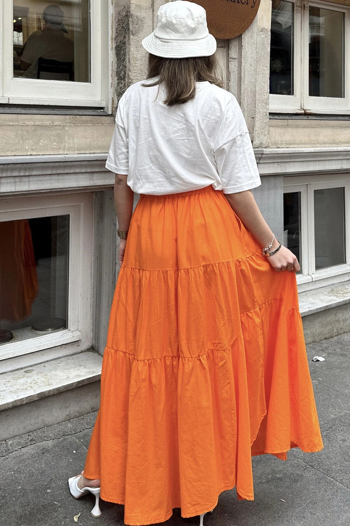 NEW LAVİVA-Orange Asymmetric Cut - Women's Long Cotton Skirt with Elastic Waist and Ruffles 4