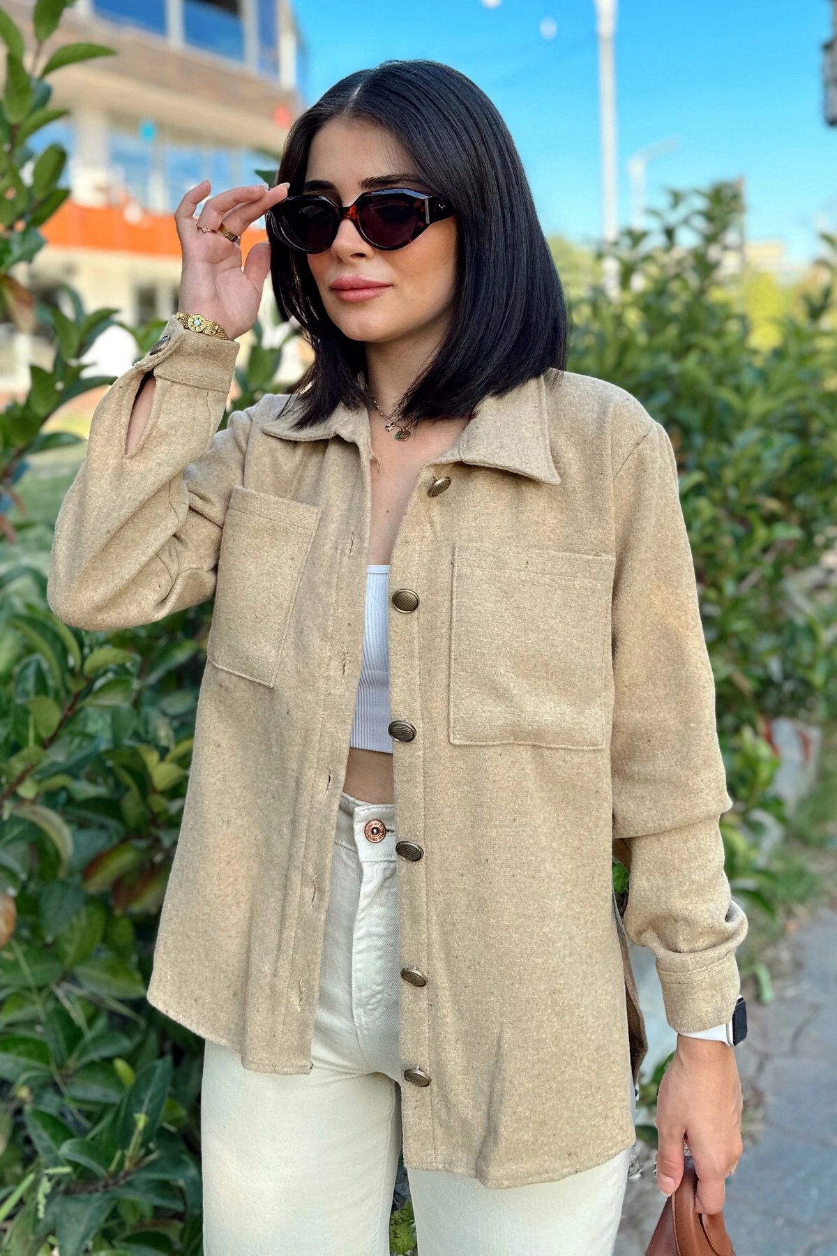 NEW LAVİVA-Women's Beige Long Sleeve, Double Pocket, Oval Cut on the Skirt, Stamp Shirt Jacket 1