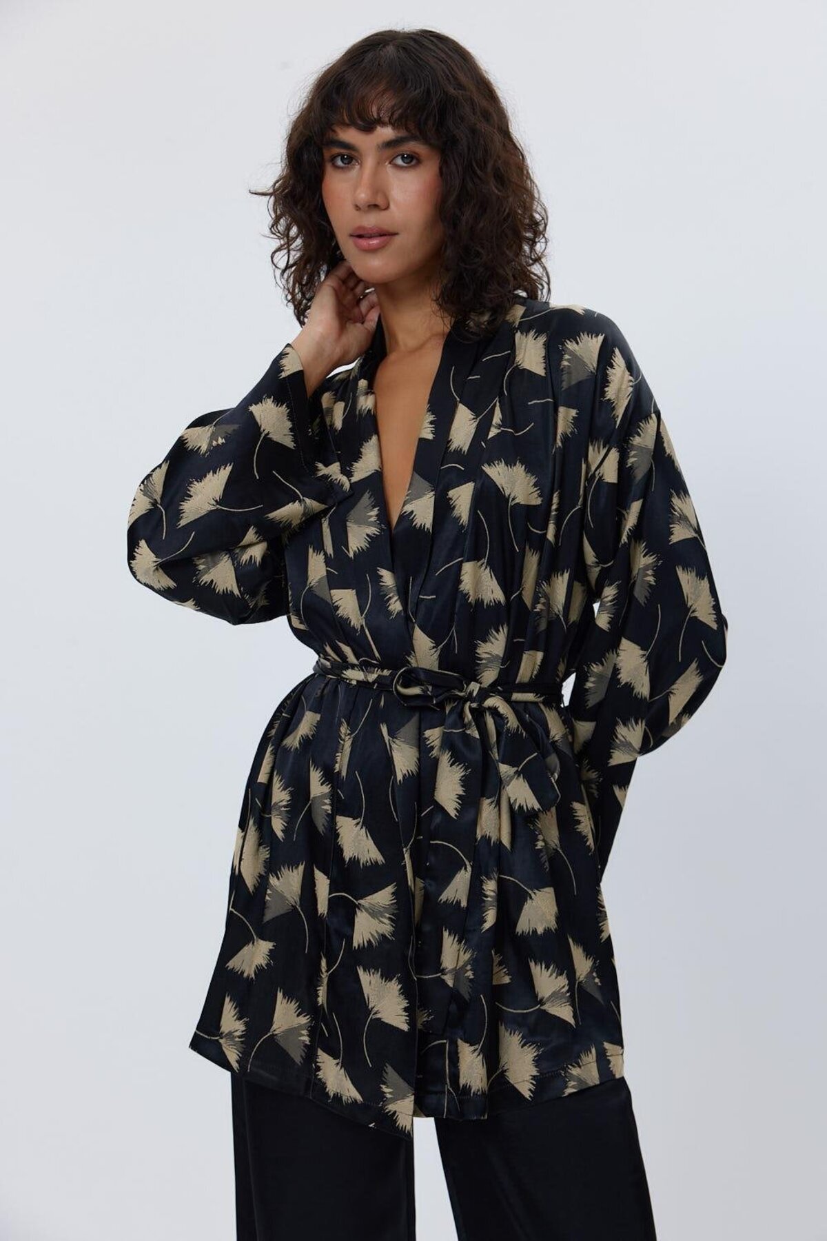 Tuba Butik-Satin Kimono Trousers Black Women's Set 4