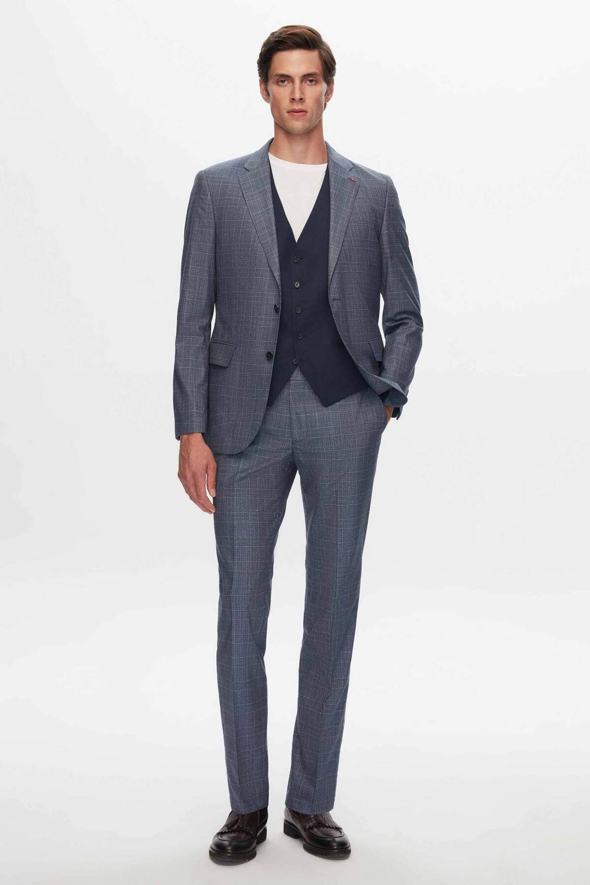 D'S Damat-Ds Damat Slim Fit Navy Blue Plaid Suit with Combination 2