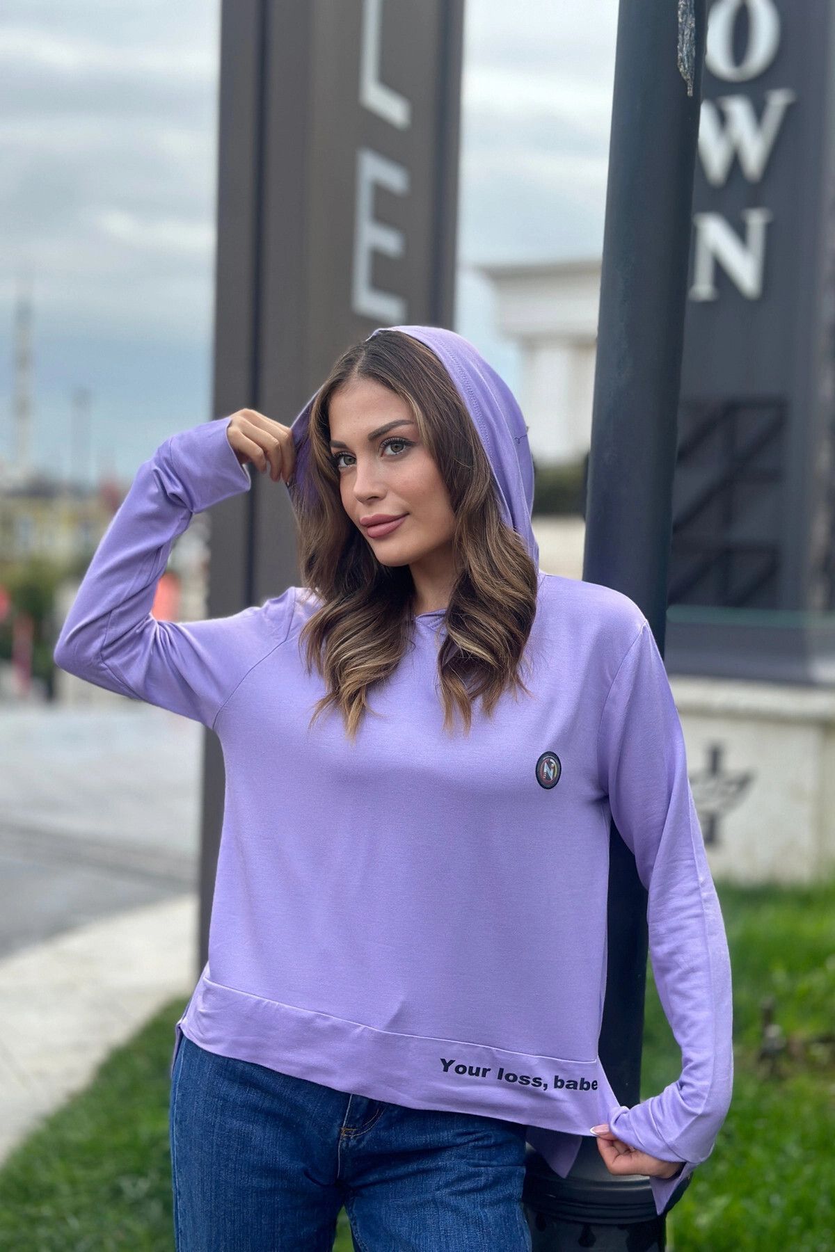 NEW LAVİVA-Women's Lilac Long Sleeve, Hooded Sweatshirt Blouse with Slit Detail, Crest and Text Detail 4