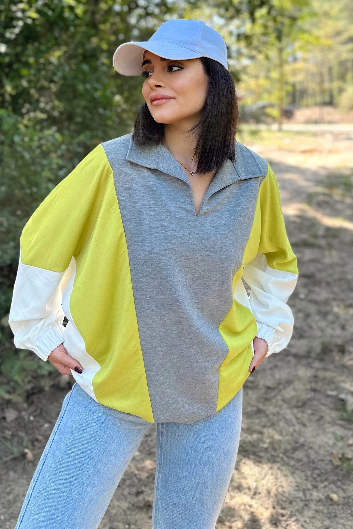 NEW LAVİVA-Women's Gray Polo Collar, Long Bat Sleeve, Elastic Cuff, Asymmetric Color Block, Loose Sweatshirt Blouse 1