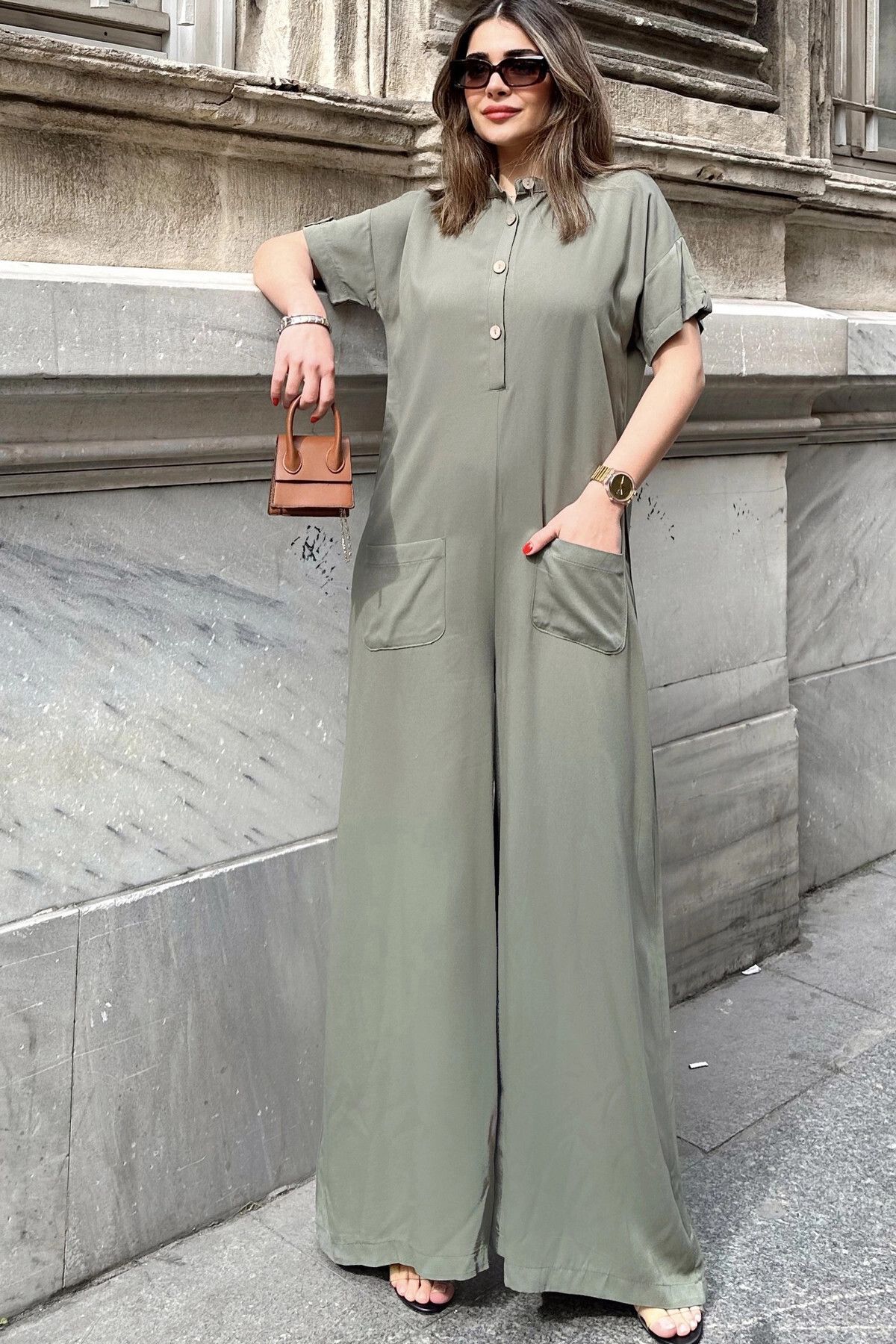 NEW LAVİVA-Women's Khaki High Collar, Short Sleeve, Front Pouch Pocket, Loose Fit, Belmondo Safari Jumpsuit 4