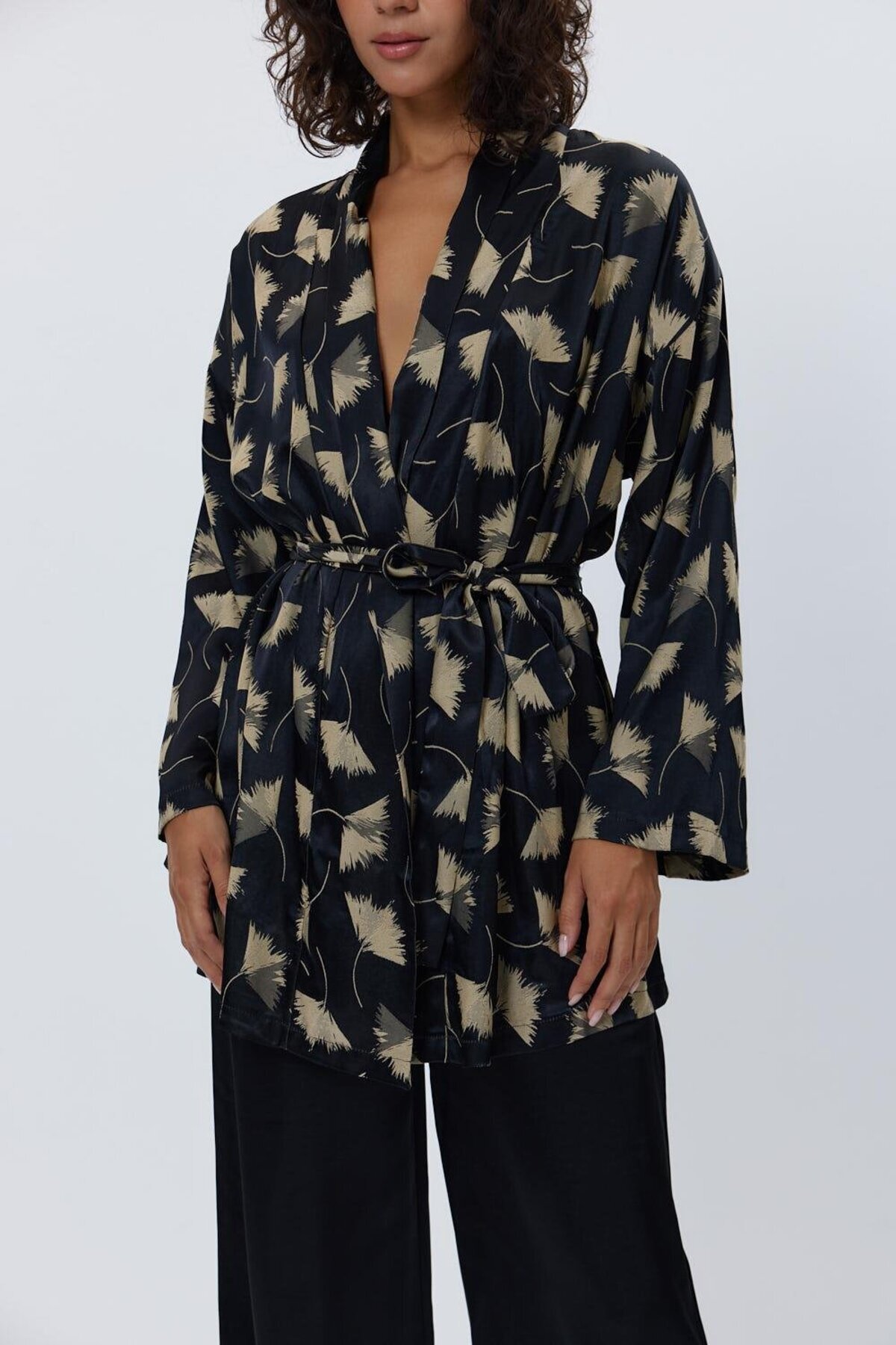 Tuba Butik-Satin Kimono Trousers Black Women's Set 3