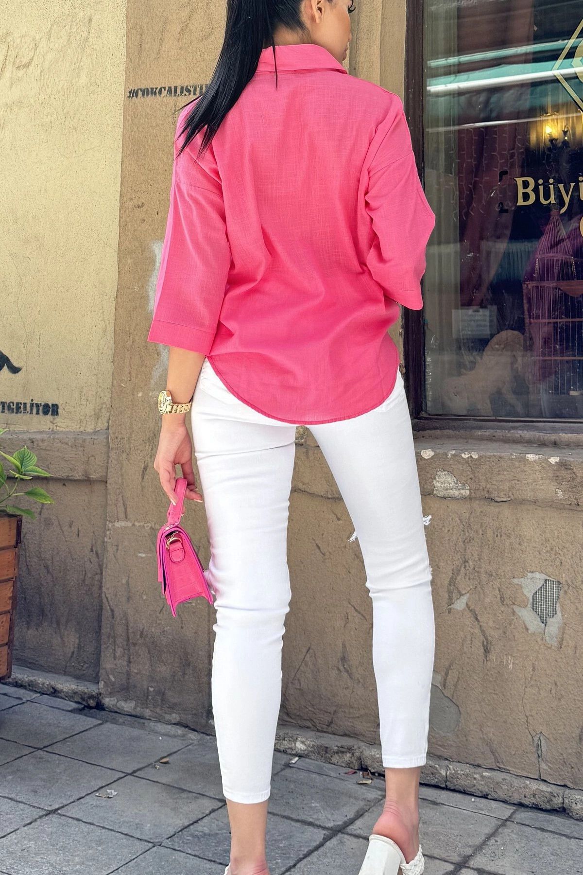 NEW LAVİVA-Fuchsia Linen Shirt - Three-Quarter Sleeve, Oval Cut, Anti-Sweat and Flame 5