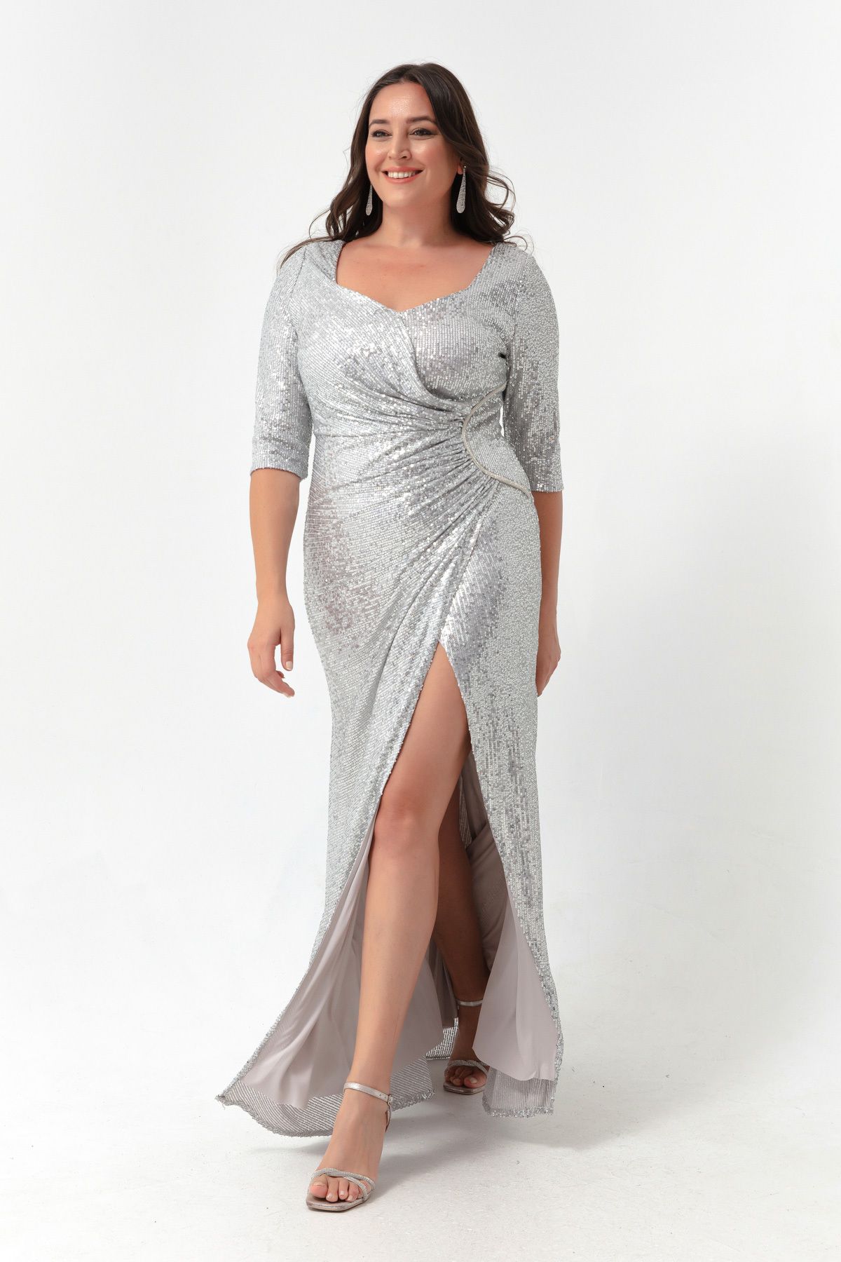 Lafaba-Women's Gray Sequined Plus Size Evening Dress 1