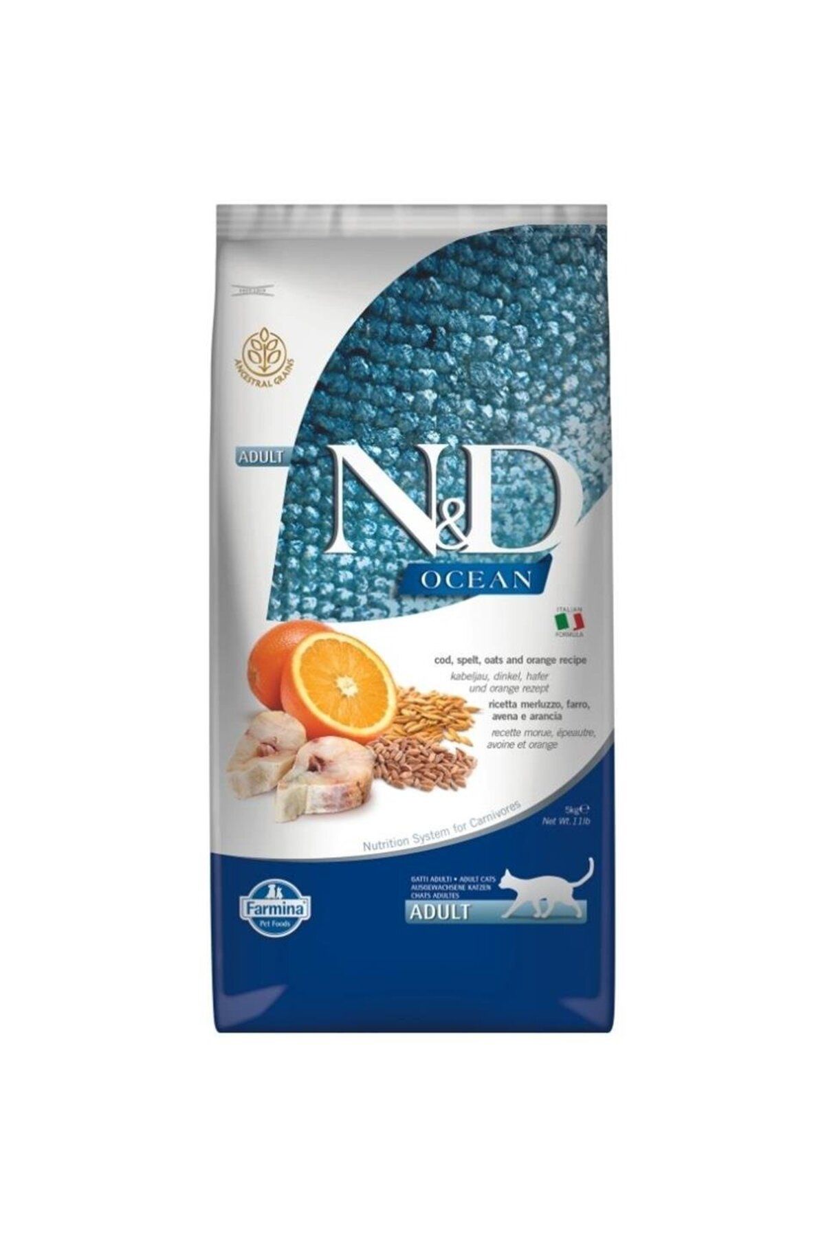 N&D Ocean Morina Balıklı , K.buğday, Yulaf & Portakal Yetişkin Kedi Maması 5 Kg