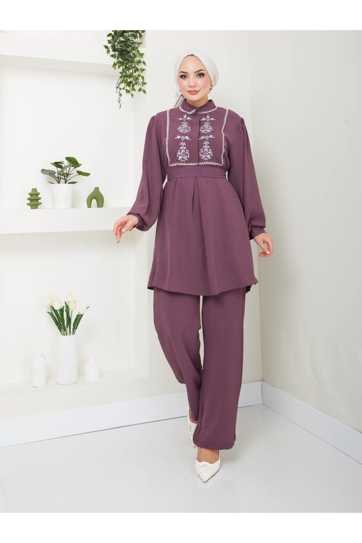 moda periy-Women's Summer Ayrobin Embroidery Detailed Tunic Pants Set Muslim Combination 1