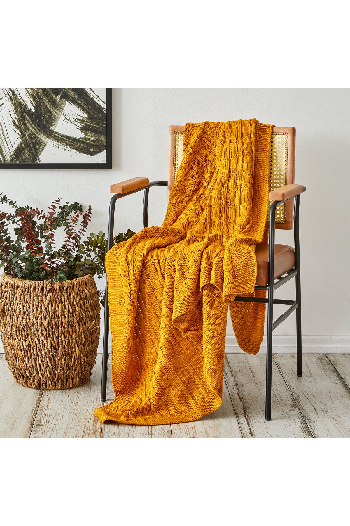 Karaca-Home Ocker Beige Kabelstrıckwıckeldecke (130x170 cm) Weich, Leicht, Hält Warm, Komfortabel, N 5