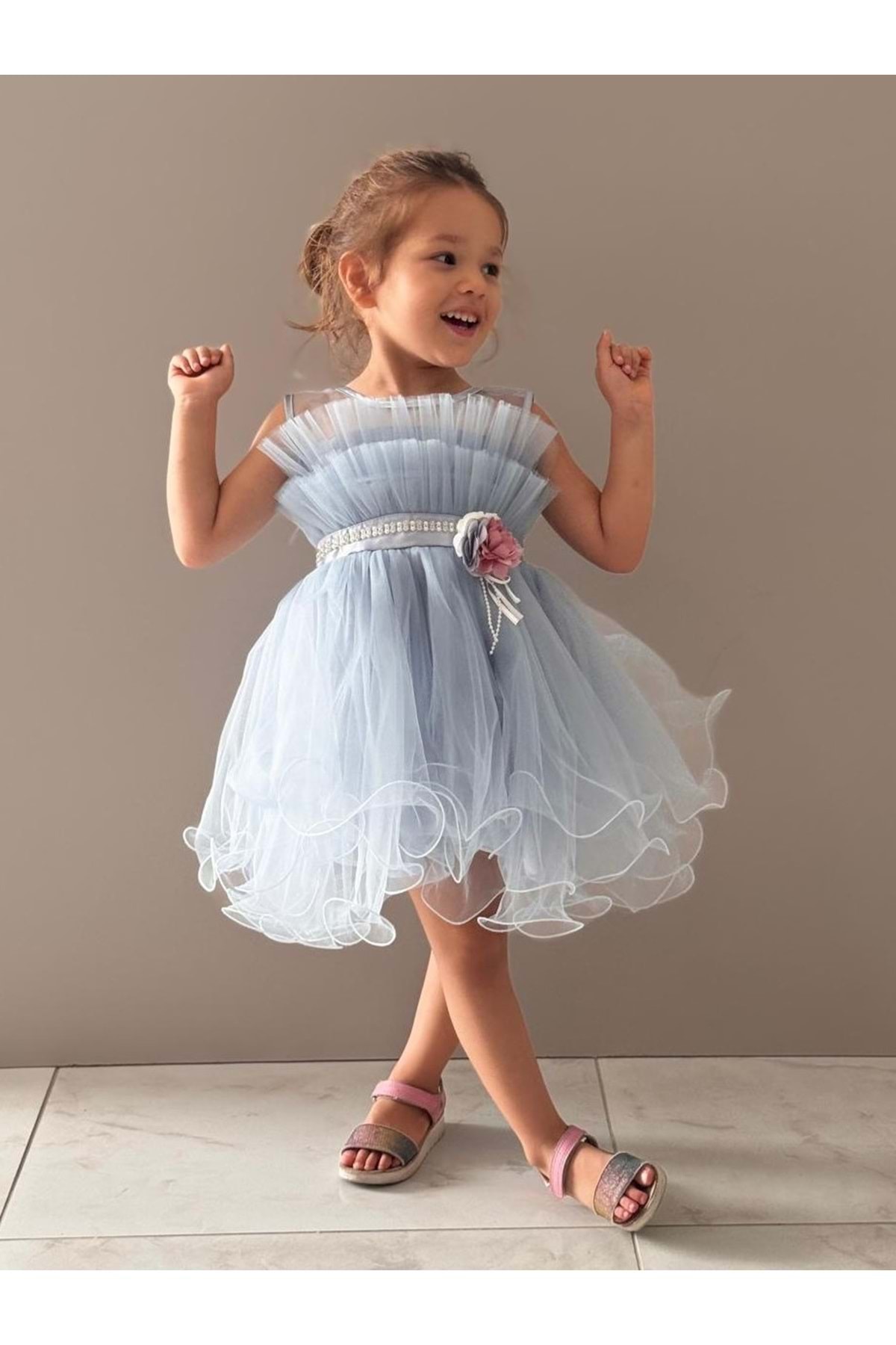 Mnk Baby&Kids Kız Çocuk Tütülü Vena Elbise MNK285 MAVİ fotoğrafı 2 (önizleme)