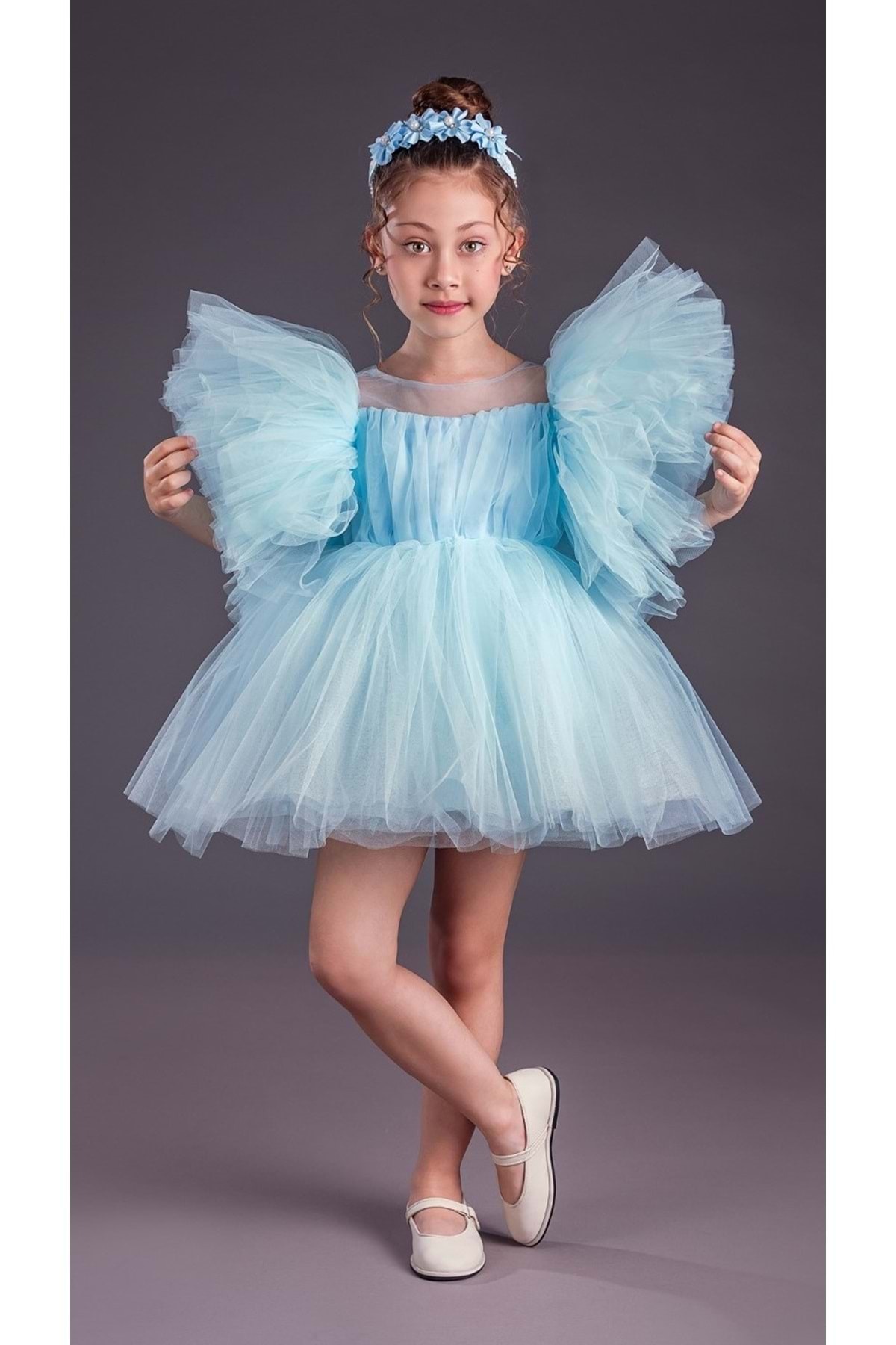Mnk Baby&Kids Tütü Etekli Kabarık Kollu Komotini Taçlı Kız Çocuk Abiye Elbise MNK0582 BEBE MAVİ