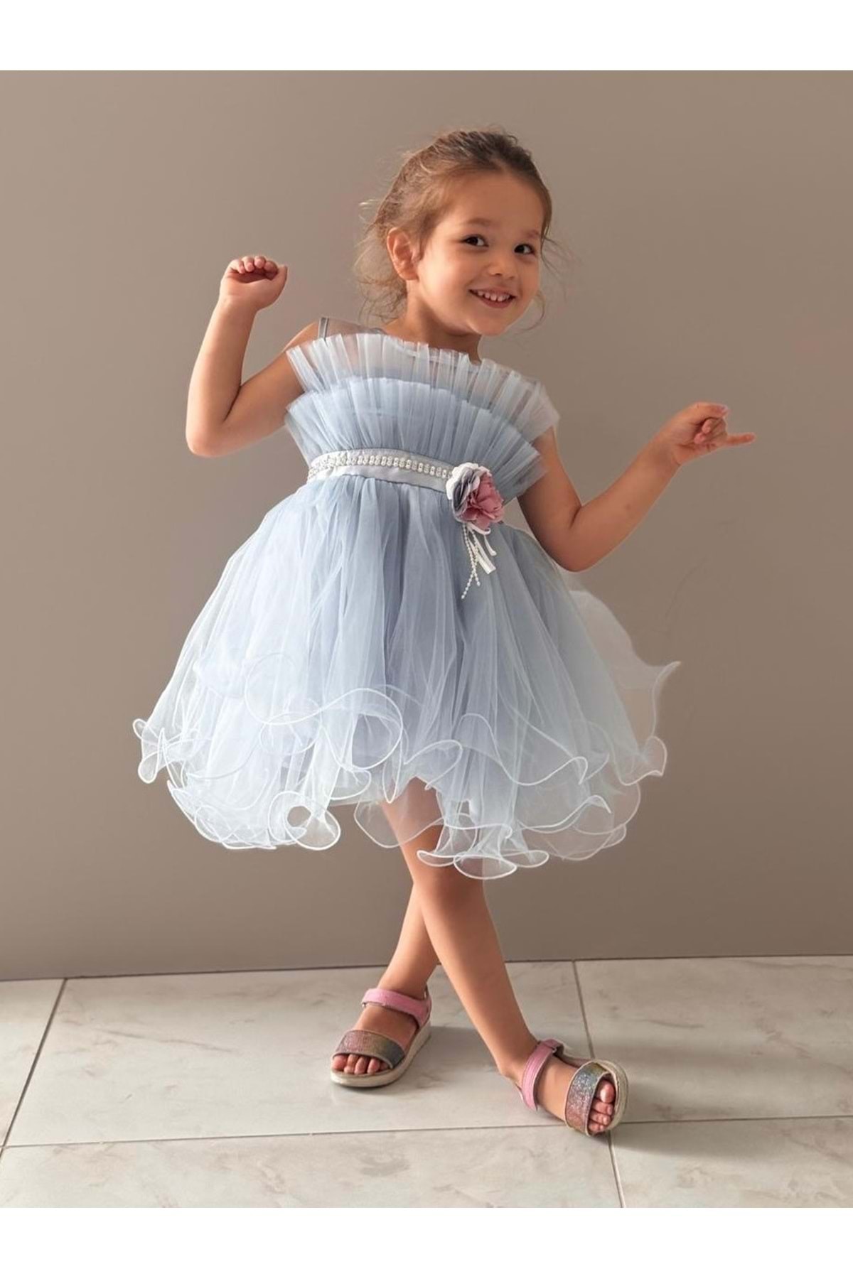 Mnk Baby&Kids Kız Çocuk Tütülü Vena Elbise MNK285 MAVİ fotoğrafı 5 (önizleme)