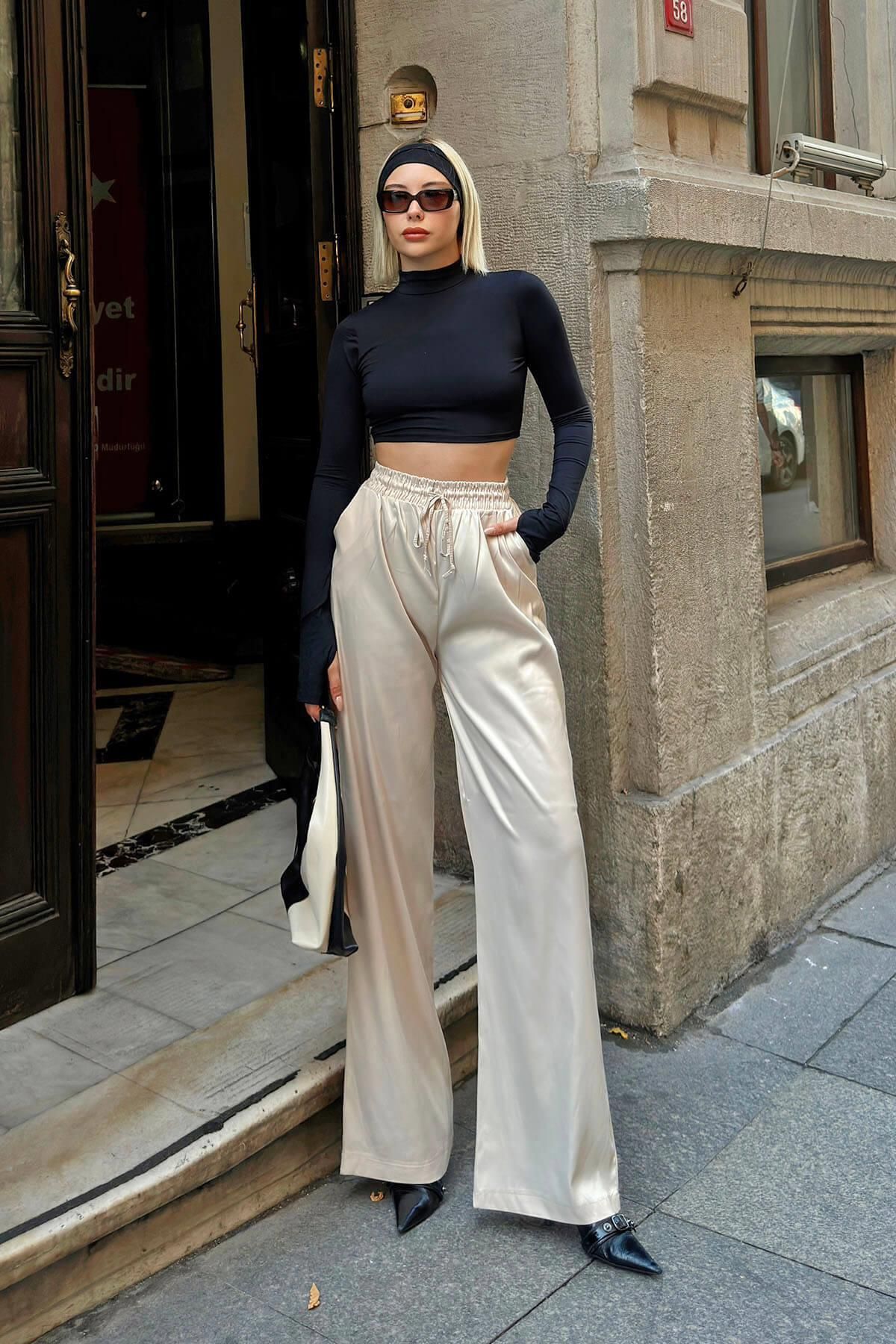 Swist-Pantaloni de damă din satin cu talie înaltă cu șnur cu talie dreaptă 3